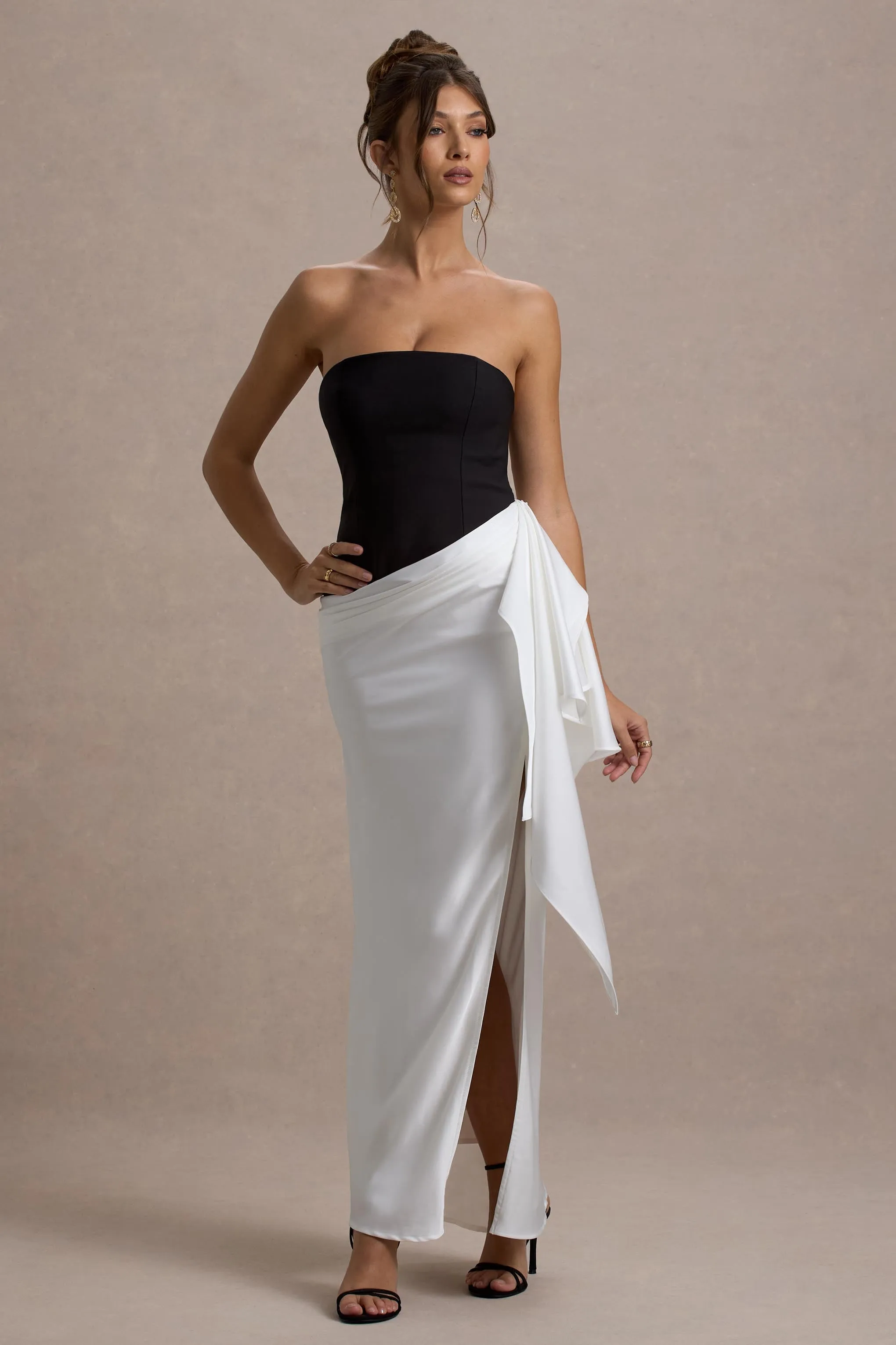 Kalinda | Black And White Strapless Maxi Dress With Draped Skirt Club L London