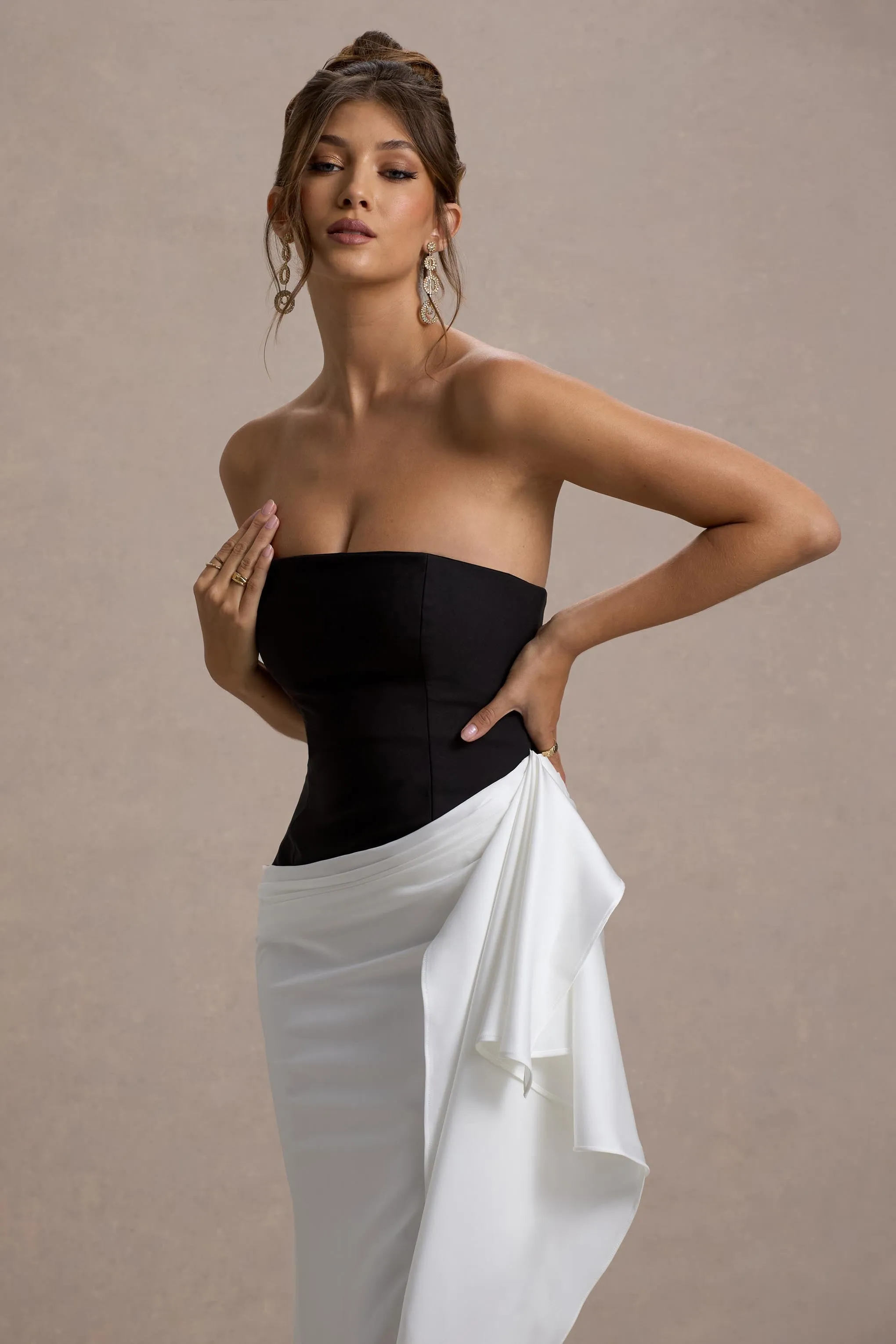 Kalinda | Black And White Strapless Maxi Dress With Draped Skirt Club L London