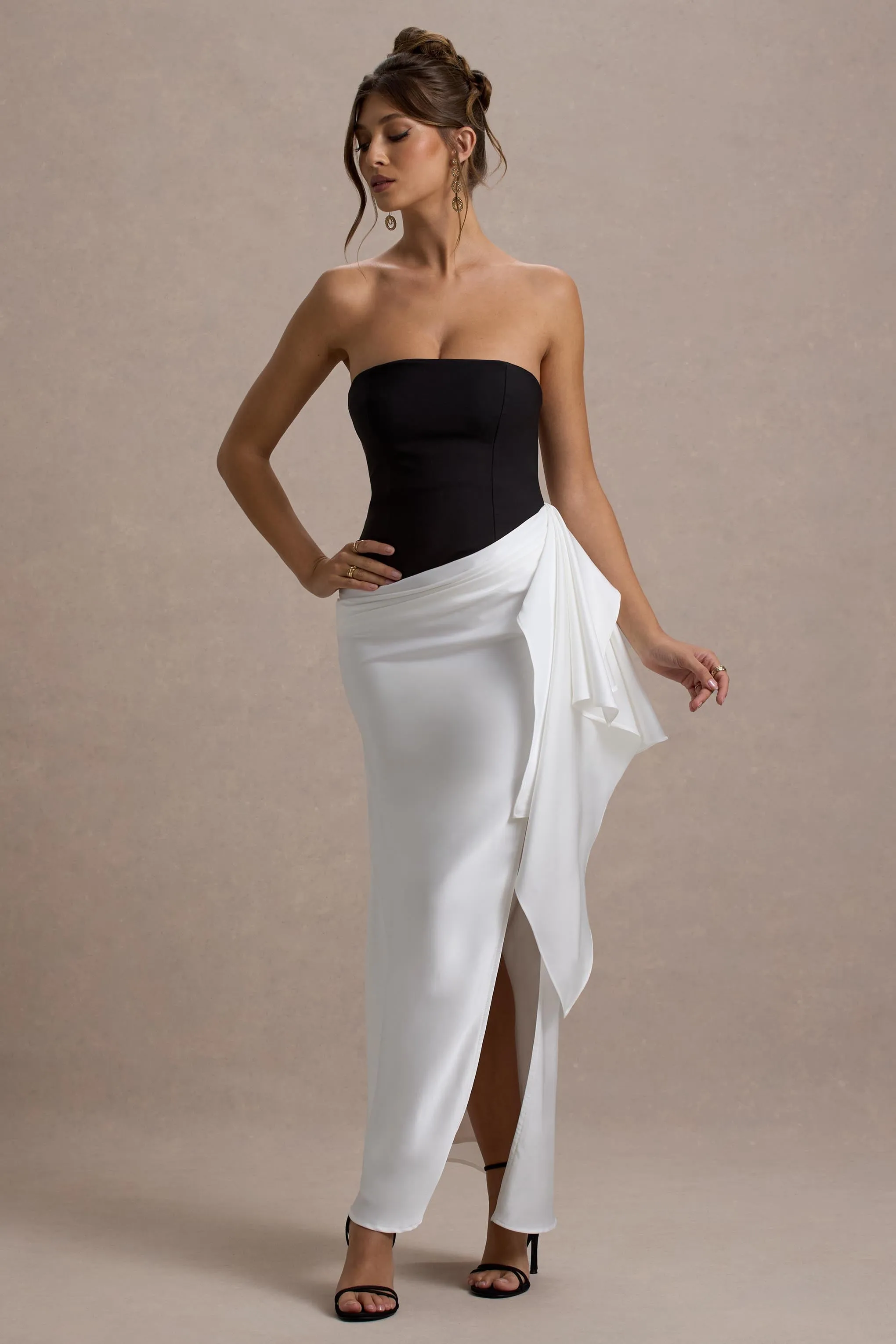 Kalinda | Black And White Strapless Maxi Dress With Draped Skirt Club L London