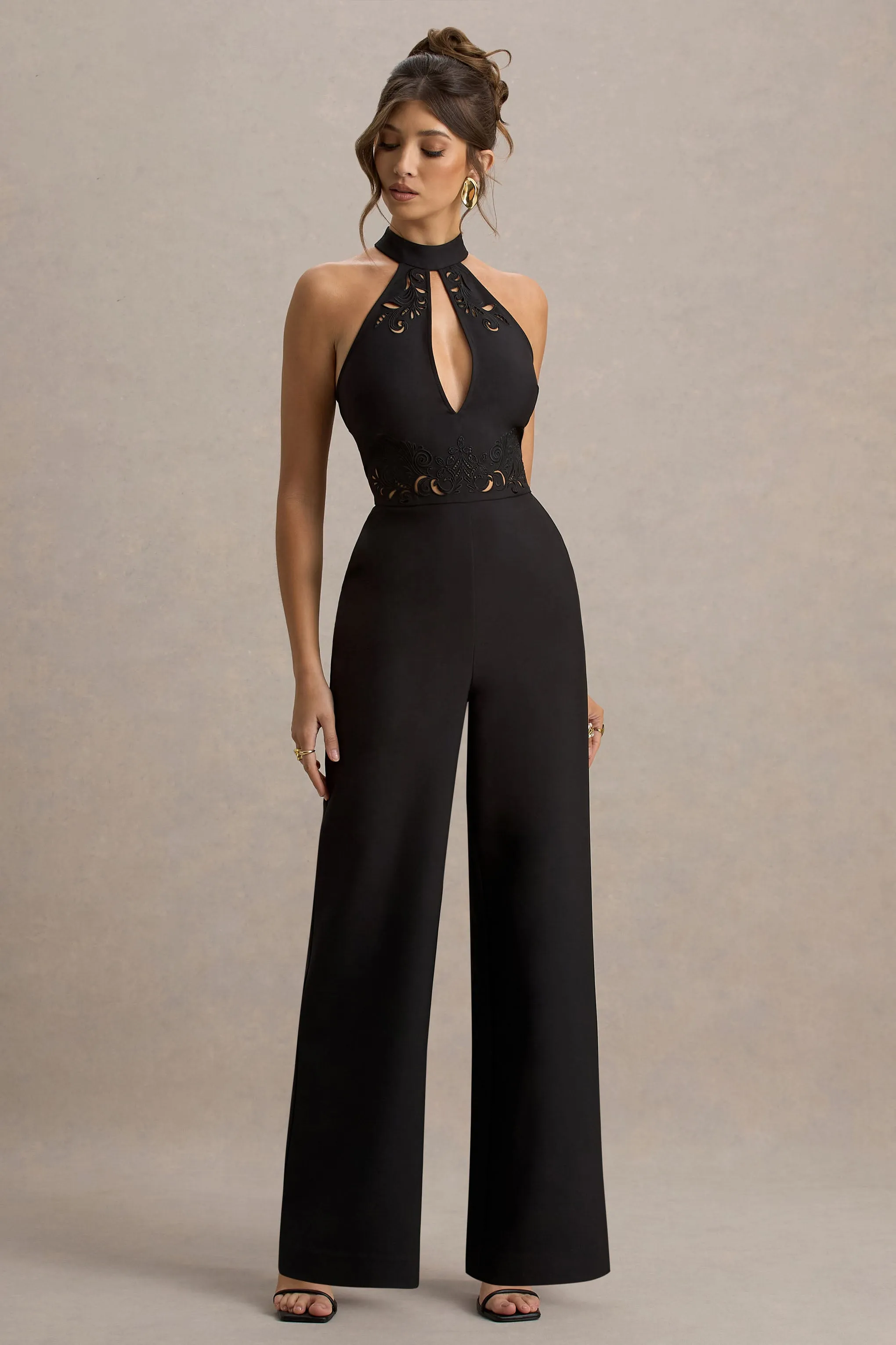 Kami | Black High-Neck Embroidered Jumpsuit Club L London
