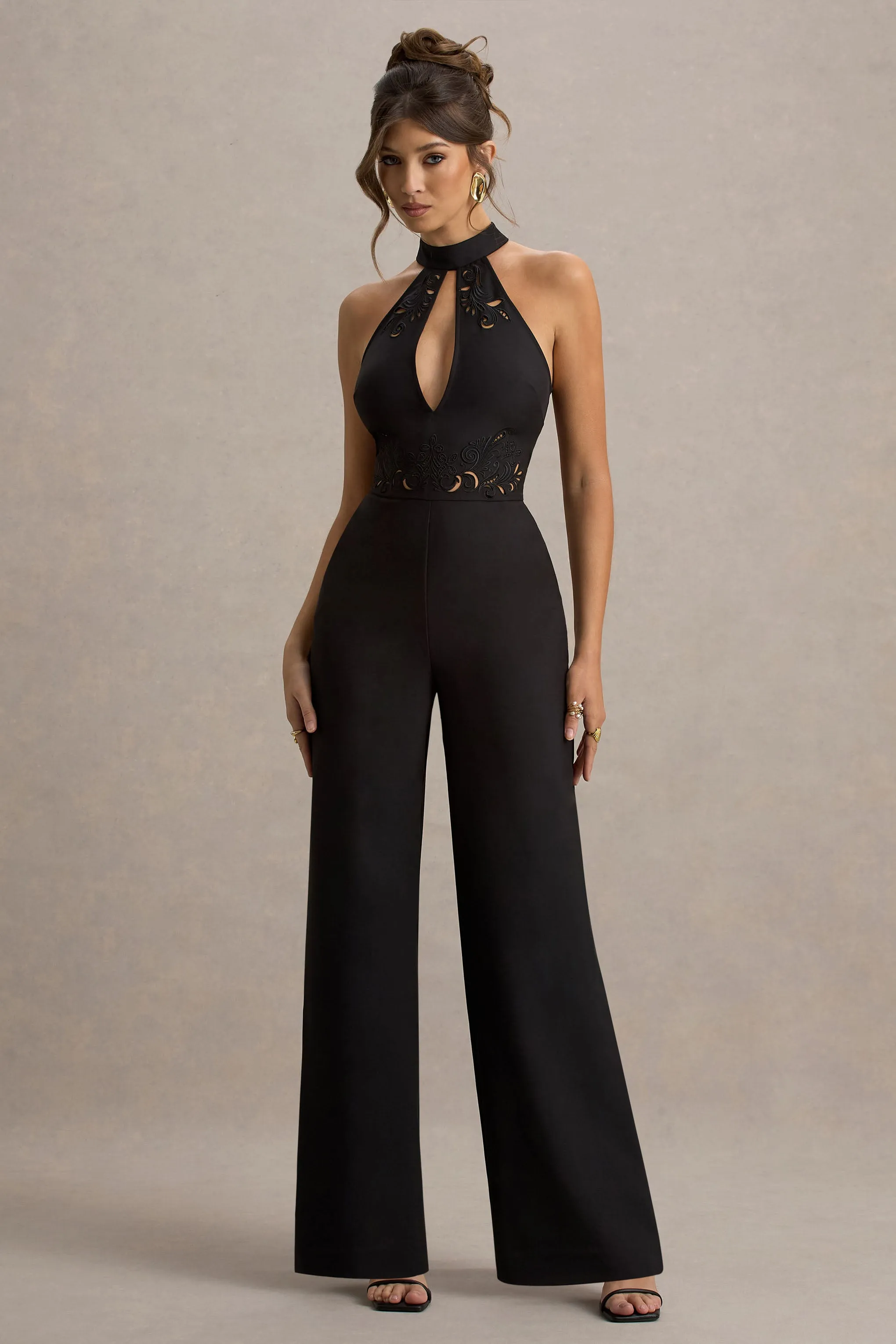 Kami | Black High-Neck Embroidered Jumpsuit Club L London