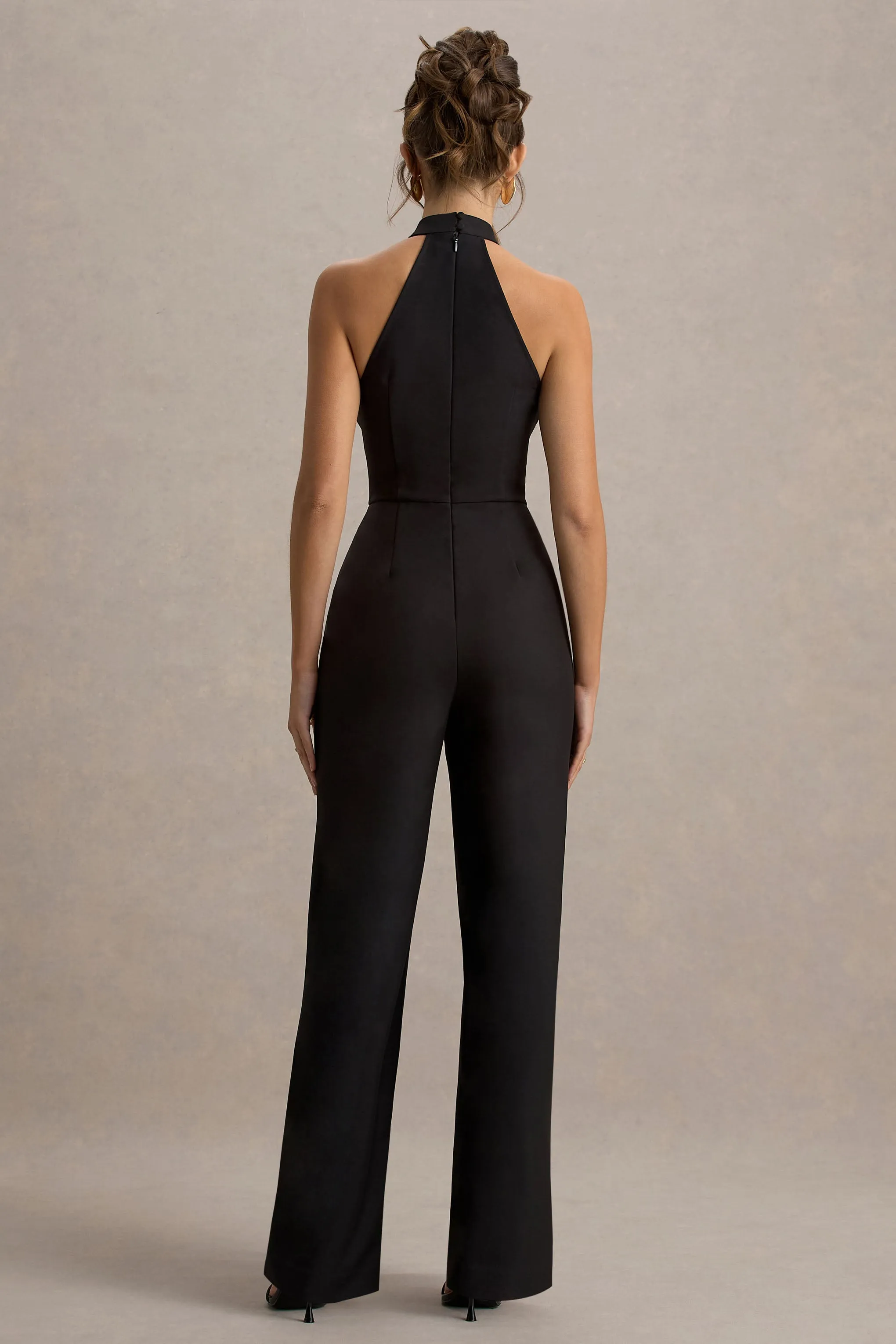 Kami | Black High-Neck Embroidered Jumpsuit Club L London