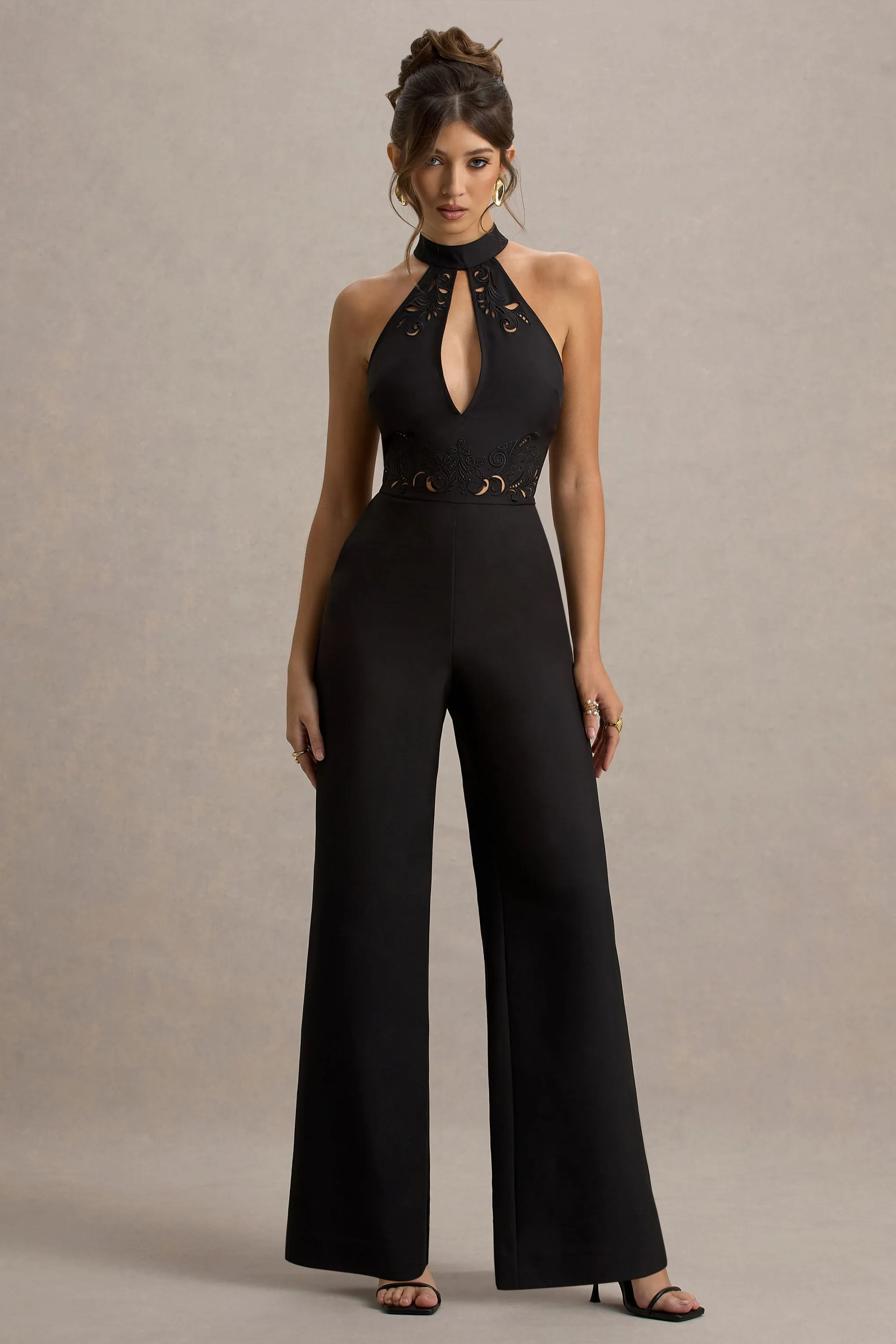 Kami | Black High-Neck Embroidered Jumpsuit Club L London