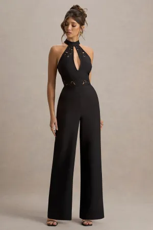 Kami | Black High-Neck Embroidered Jumpsuit Club L London