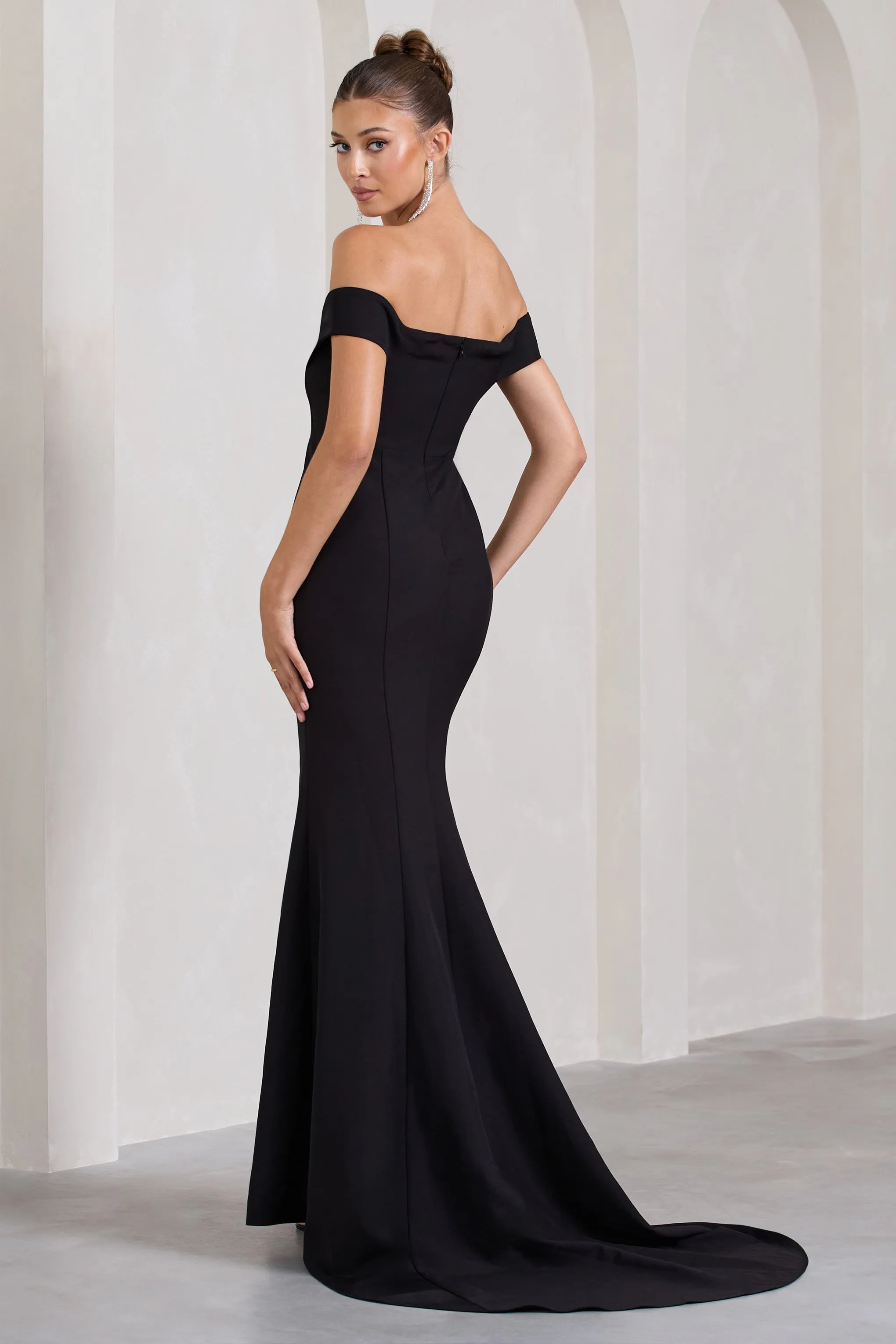 Karma | Black Bardot Split Fishtail Maxi Dress Club L London