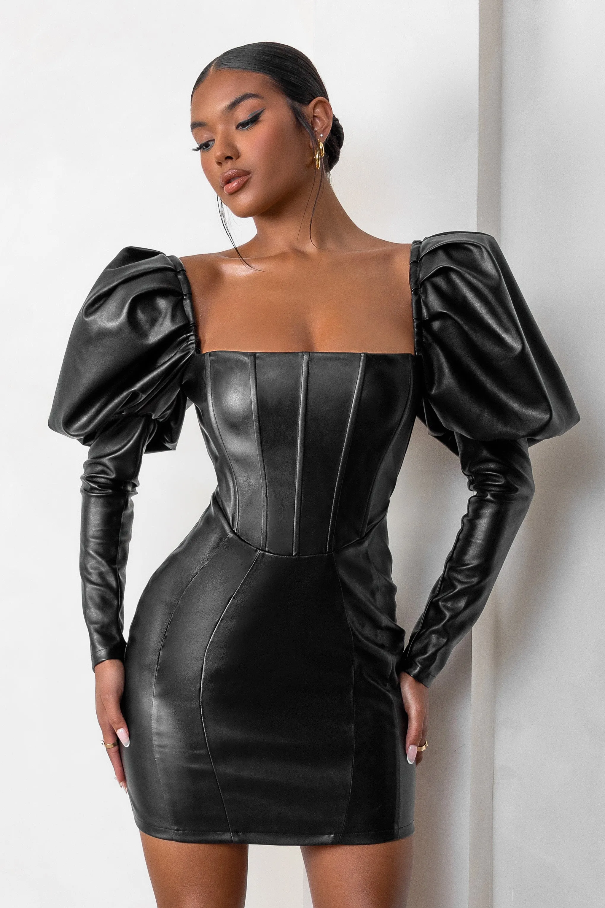 Karyme | Black Faux Leather Puff Sleeve Mini Dress With Corset Detail Club L London