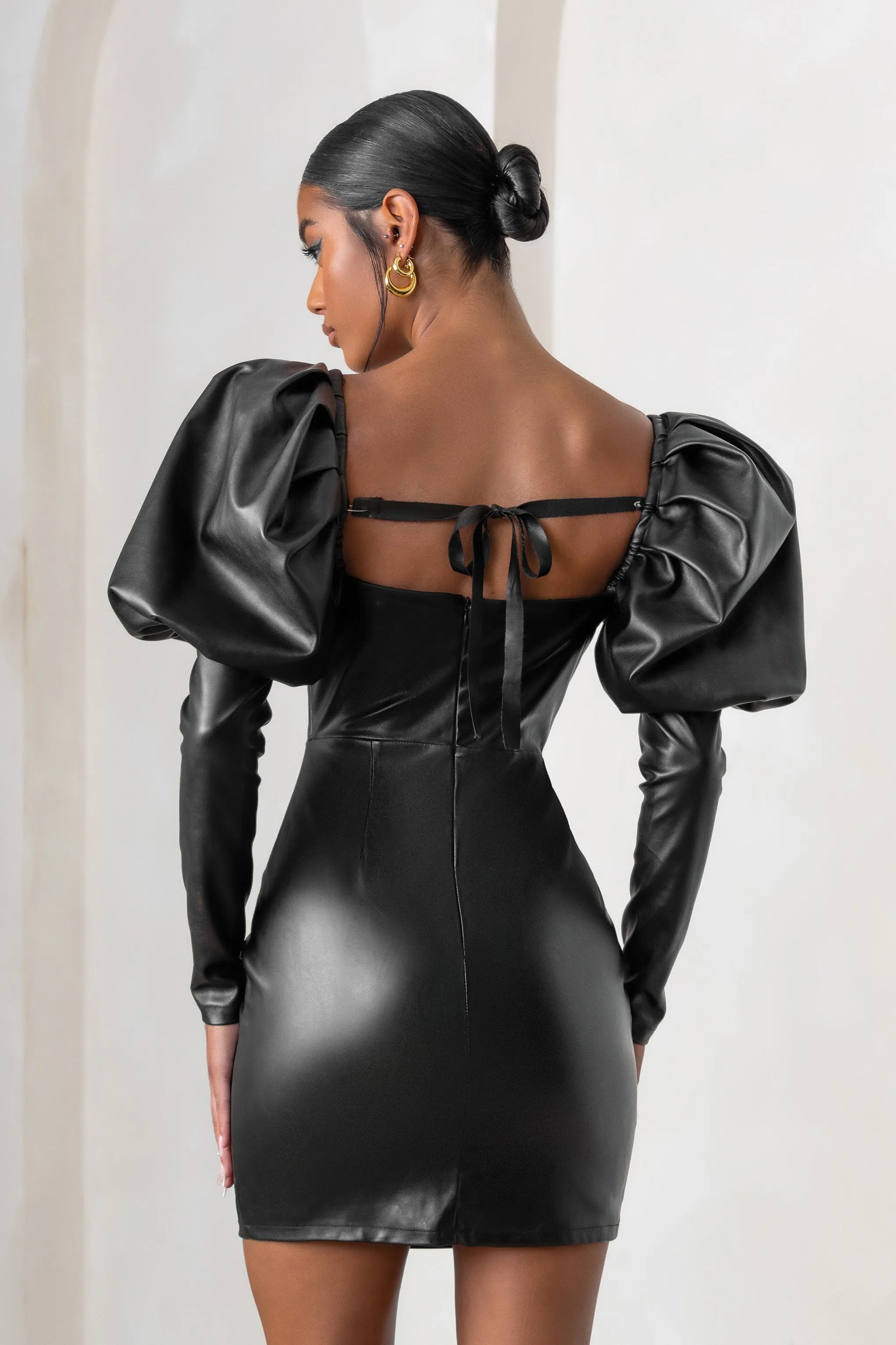 Karyme | Black Faux Leather Puff Sleeve Mini Dress With Corset Detail Club L London