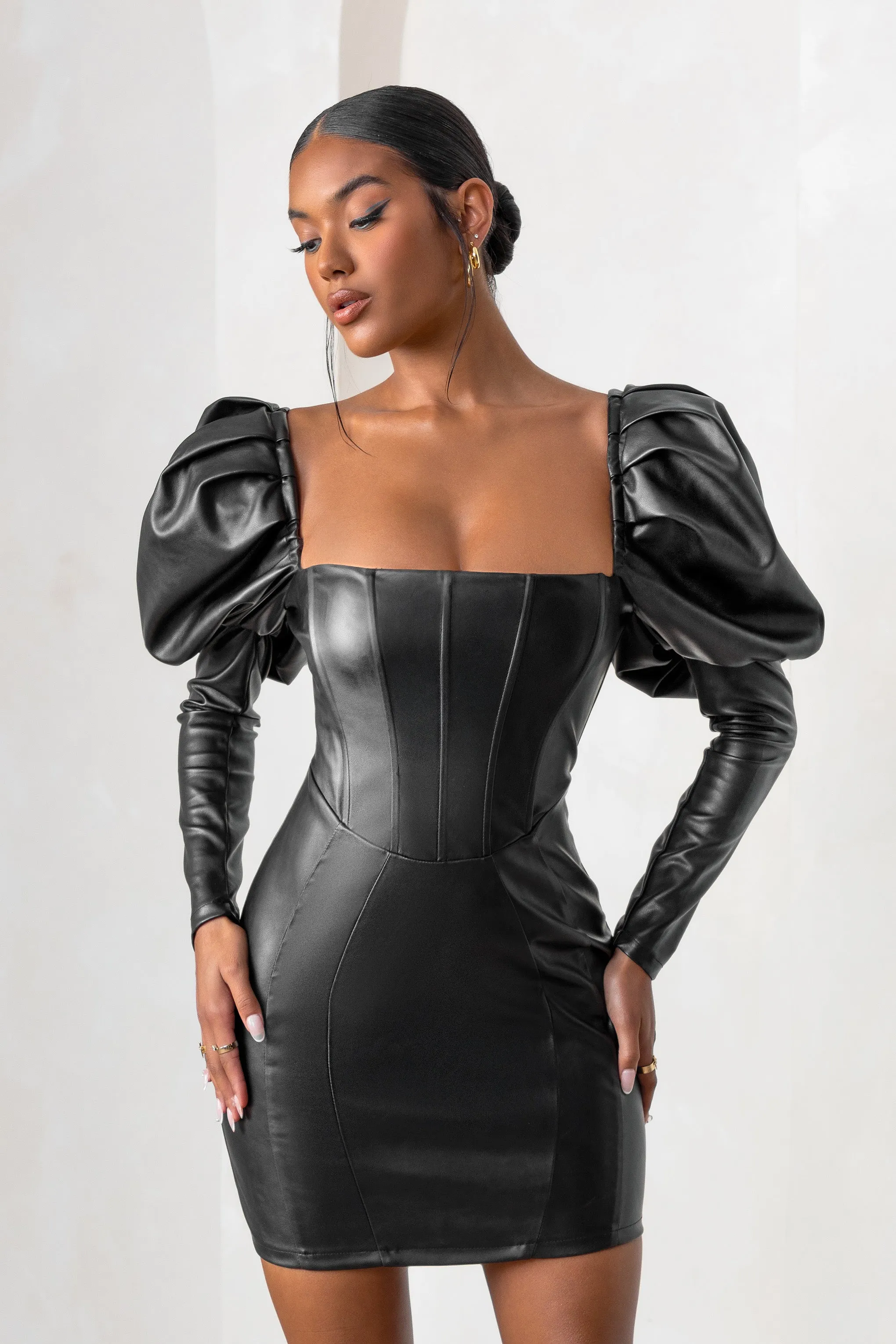 Karyme | Black Faux Leather Puff Sleeve Mini Dress With Corset Detail Club L London