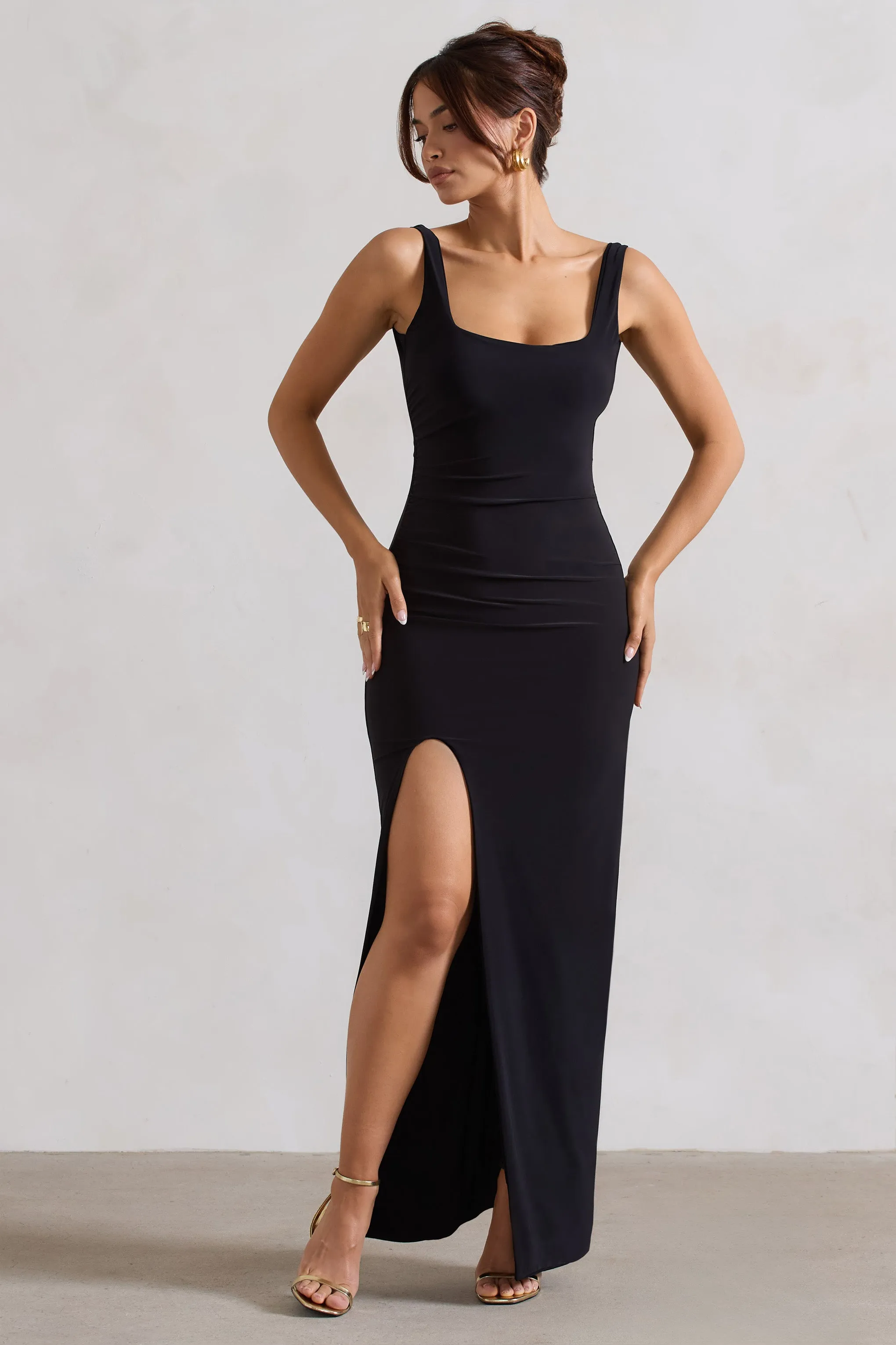 Kate | Black Square Neck Maxi Dress with Plunge Back and Side Thigh Split Club L London
