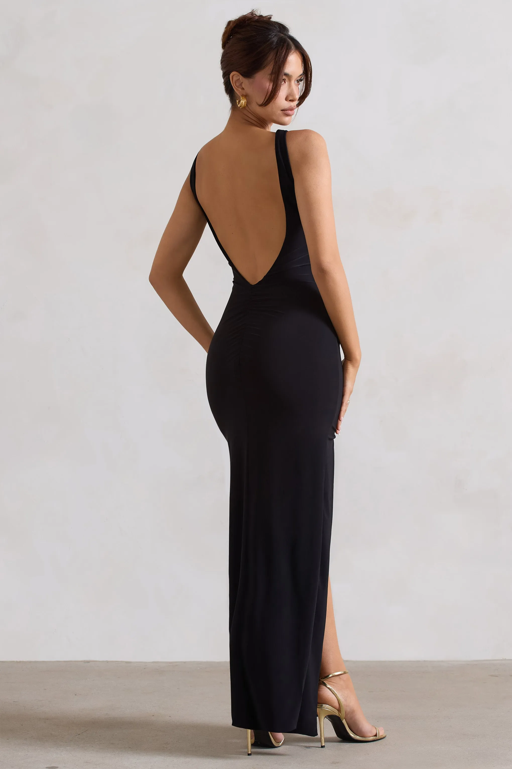 Kate | Black Square Neck Maxi Dress with Plunge Back and Side Thigh Split Club L London