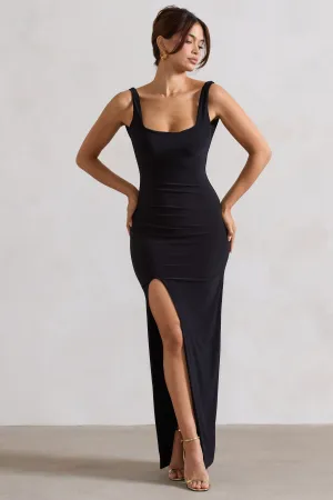 Kate | Black Square Neck Maxi Dress with Plunge Back and Side Thigh Split Club L London