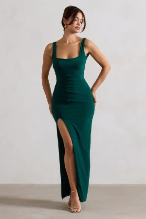 Kate | Bottle Green Square Neck Maxi Dress with Plunge Back and Side Thigh Split Club L London
