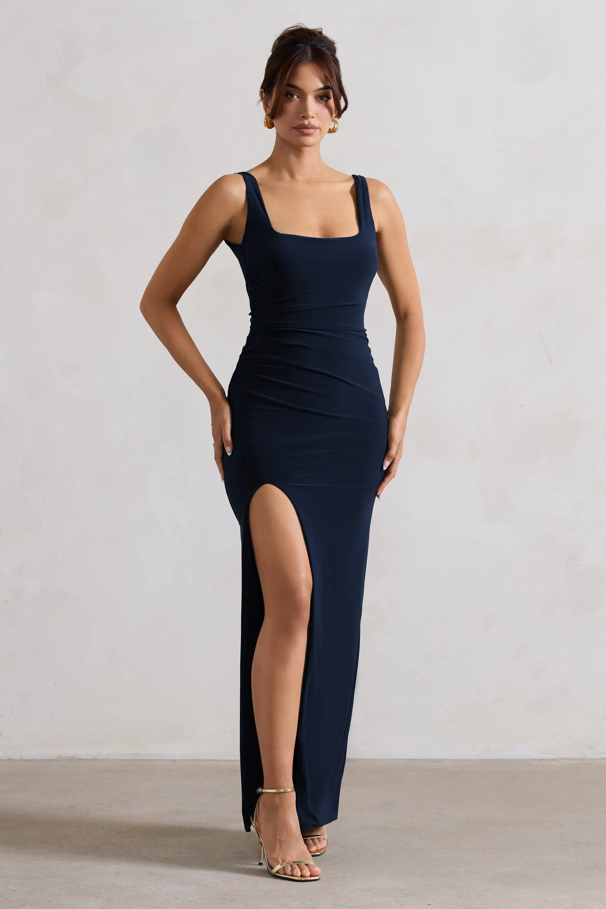 Kate | Navy Square Neck Maxi Dress with Plunge Back and Side Thigh Split Club L London