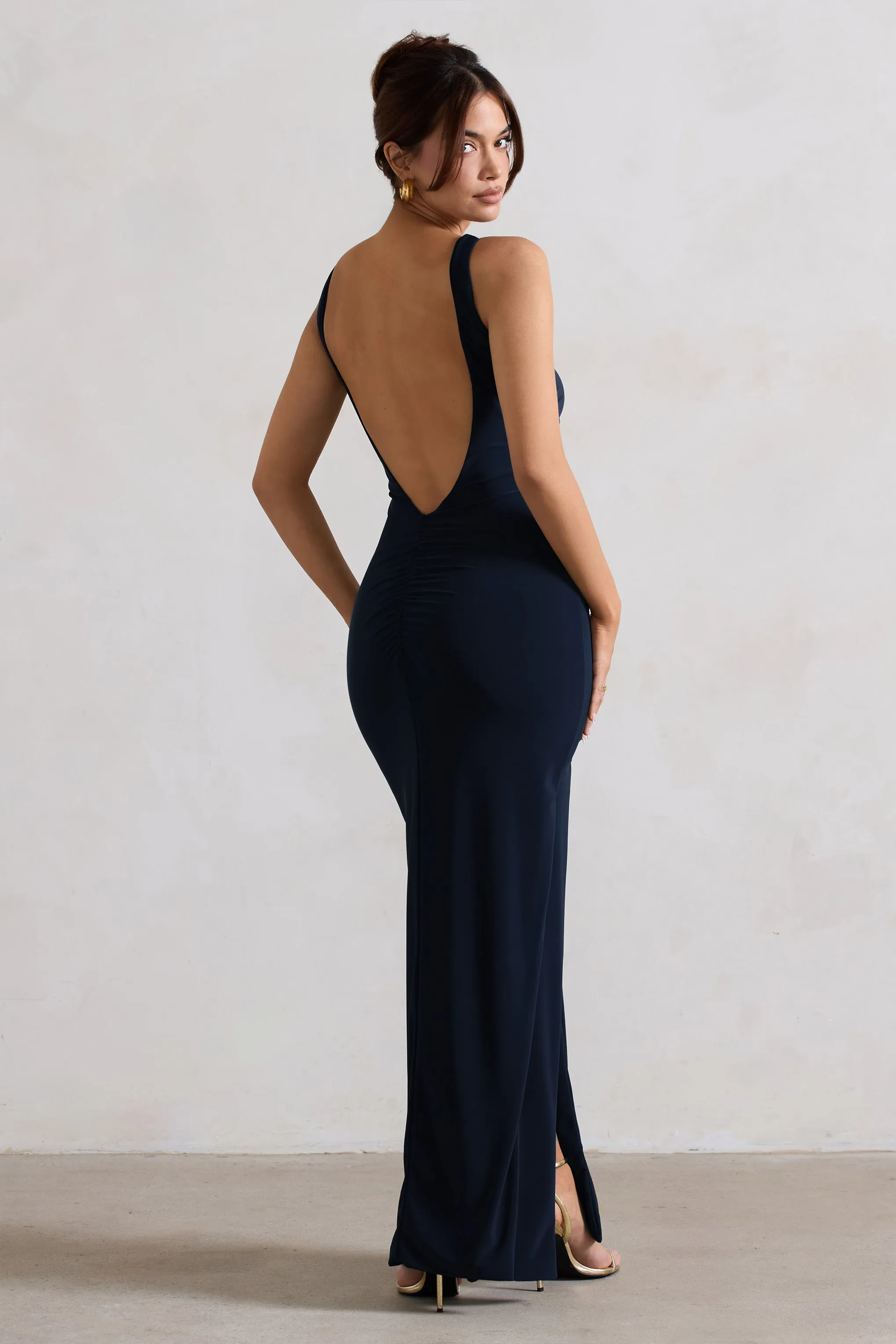 Kate | Navy Square Neck Maxi Dress with Plunge Back and Side Thigh Split Club L London