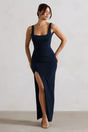 Kate | Navy Square Neck Maxi Dress with Plunge Back and Side Thigh Split Club L London