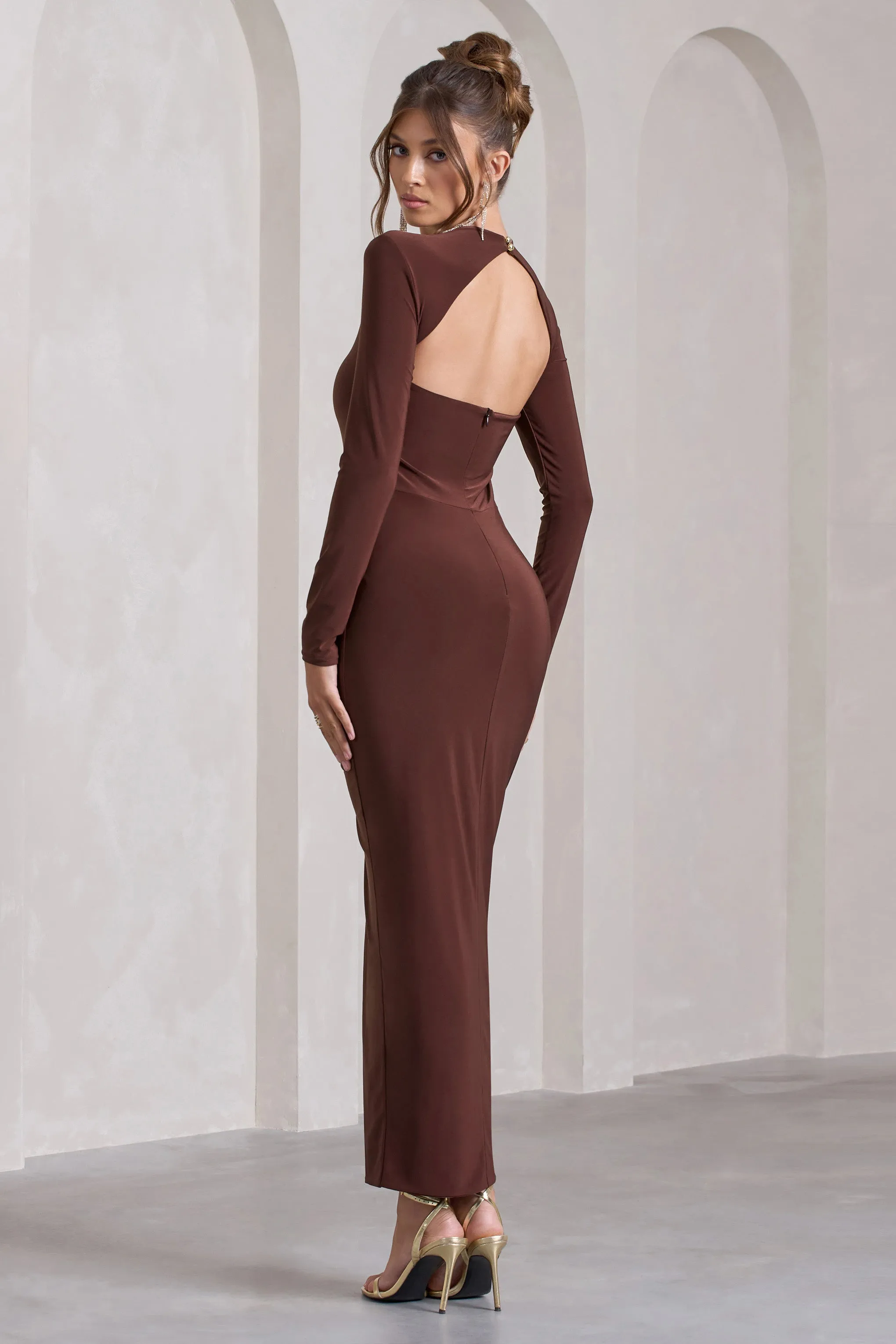 Katy | Chocolate Ruched Long-Sleeve Split Maxi Dress Club L London