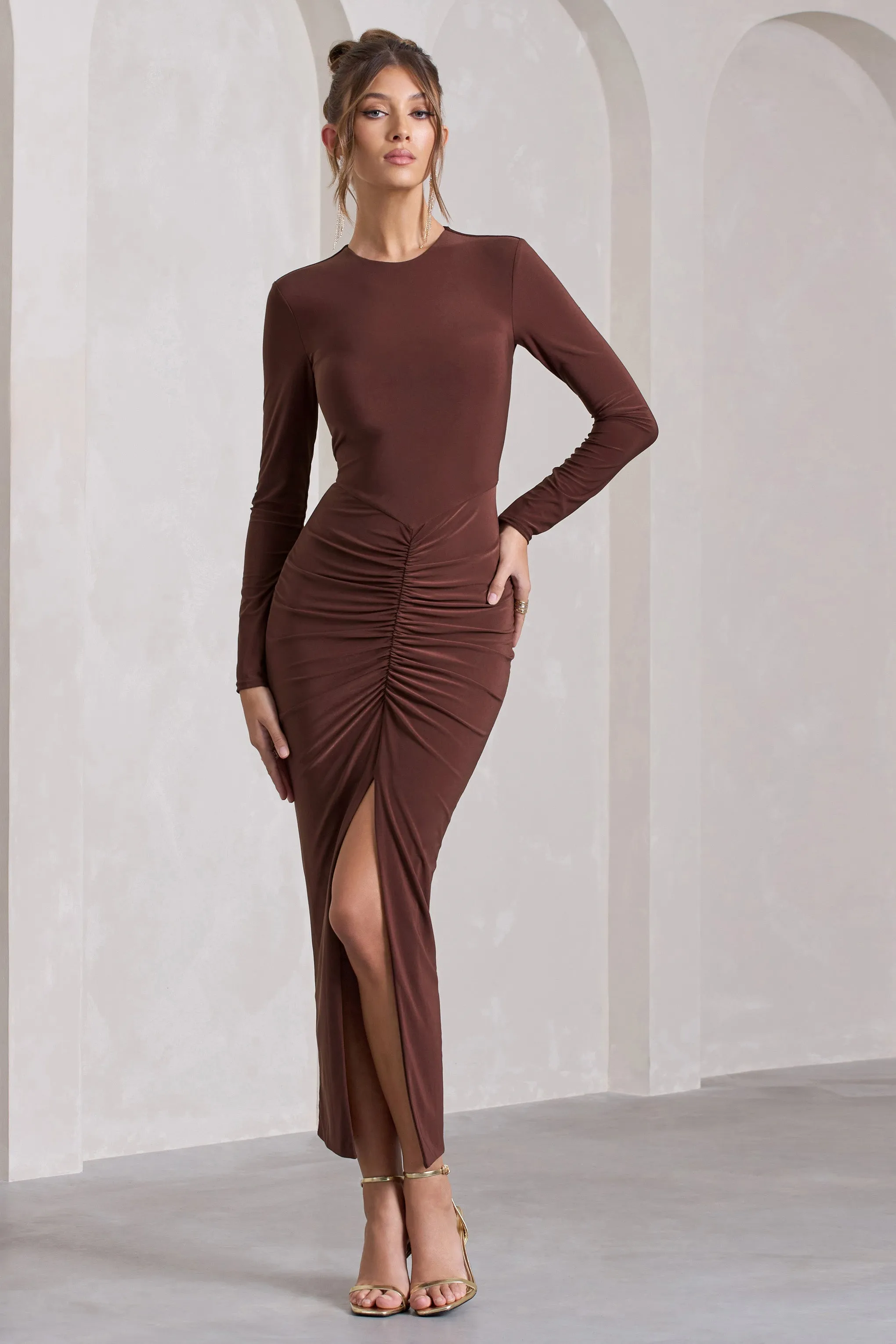 Katy | Chocolate Ruched Long-Sleeve Split Maxi Dress Club L London