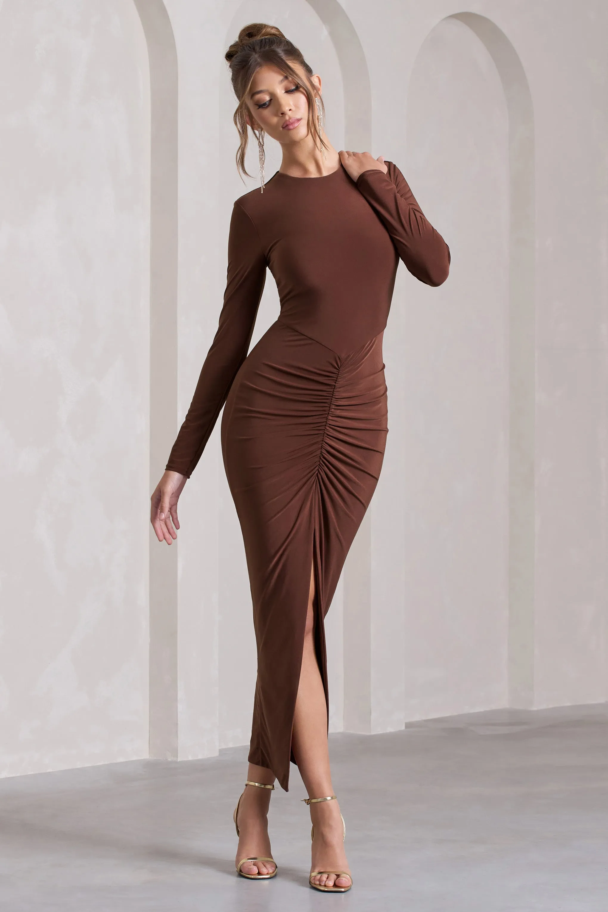 Katy | Chocolate Ruched Long-Sleeve Split Maxi Dress Club L London