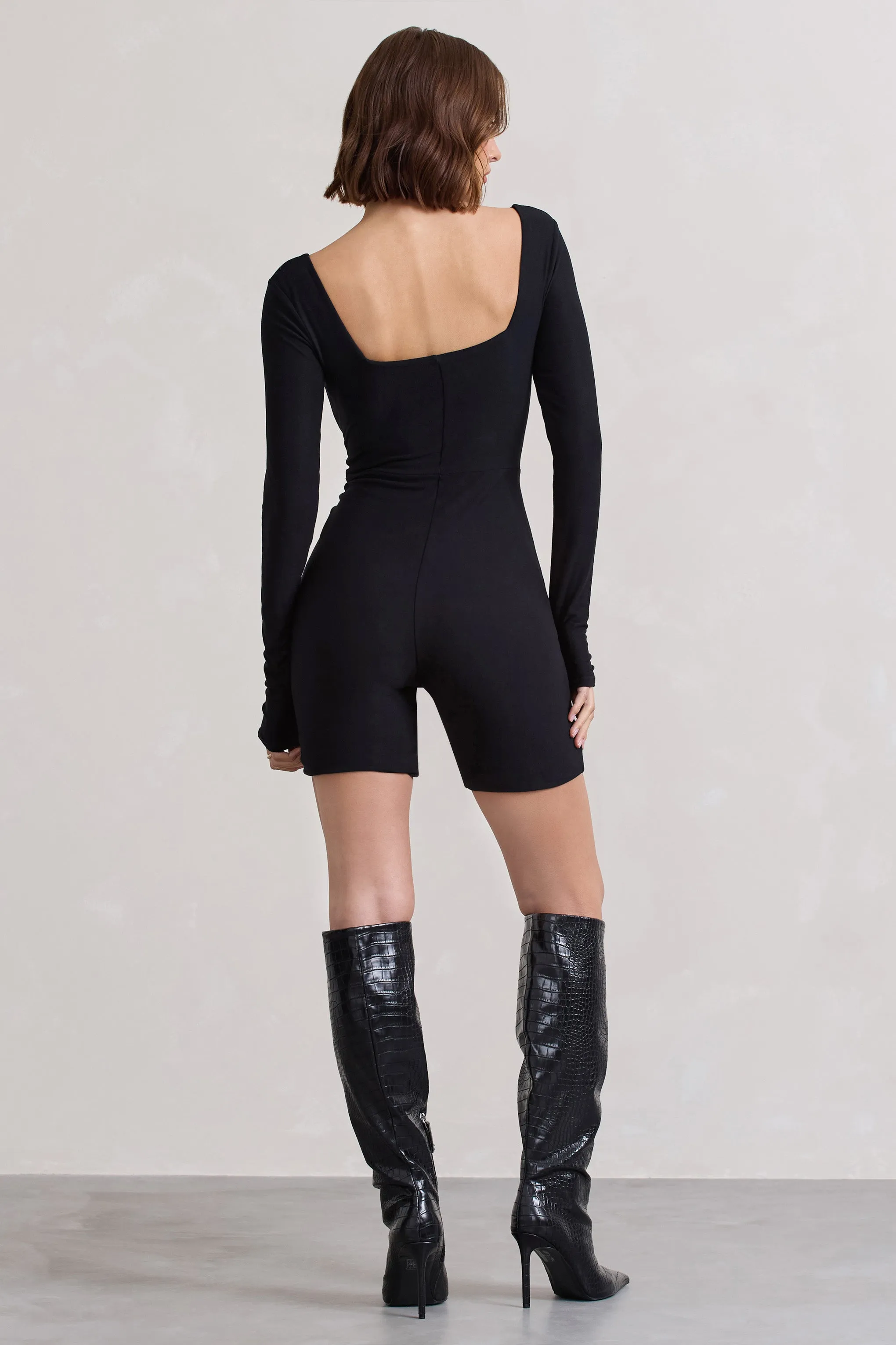 Kayleigh | Black Square-Neck Long-Sleeve Playsuit Club L London