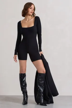 Kayleigh | Black Square-Neck Long-Sleeve Playsuit Club L London