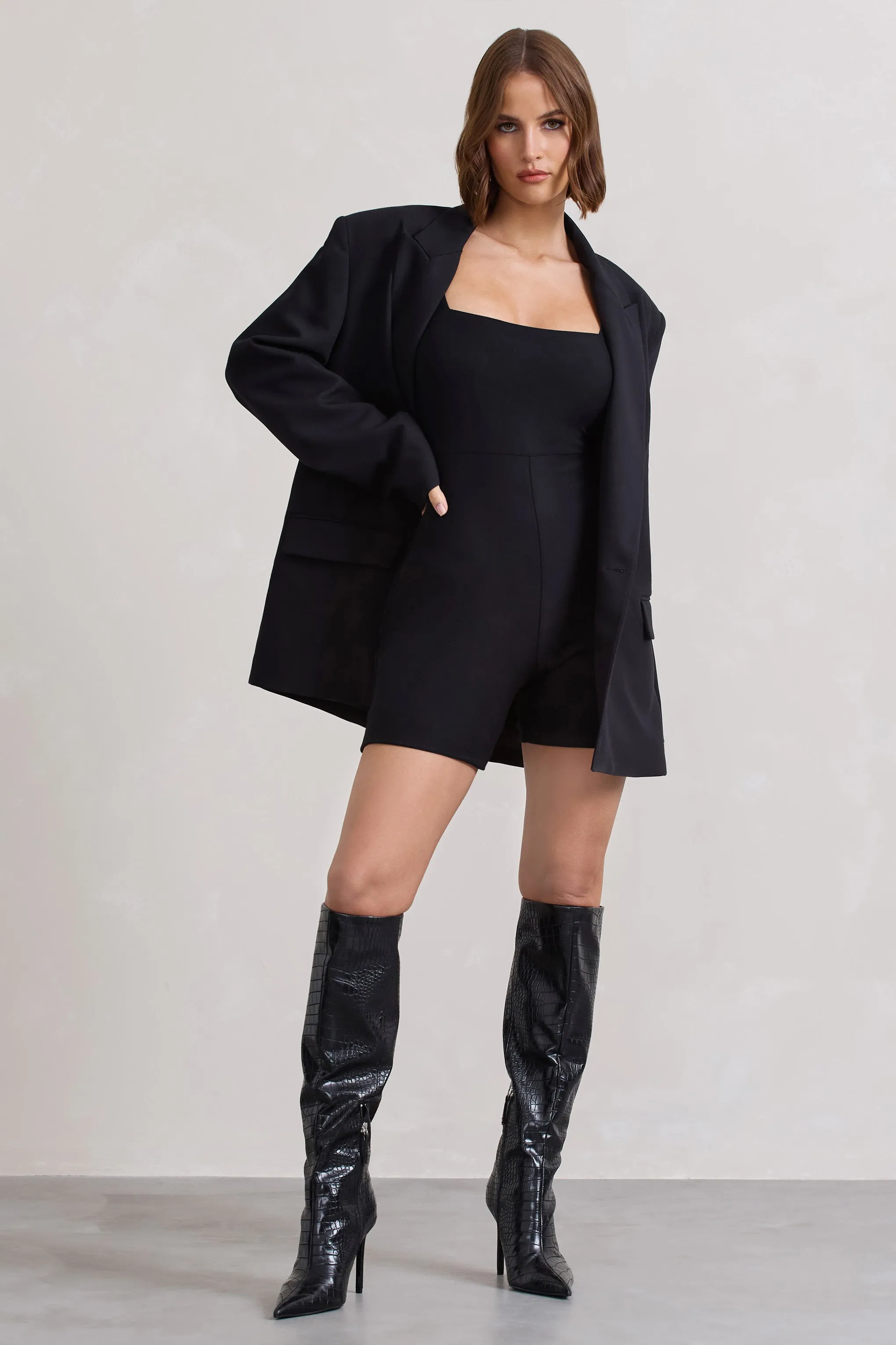 Kayleigh | Black Square-Neck Long-Sleeve Playsuit Club L London