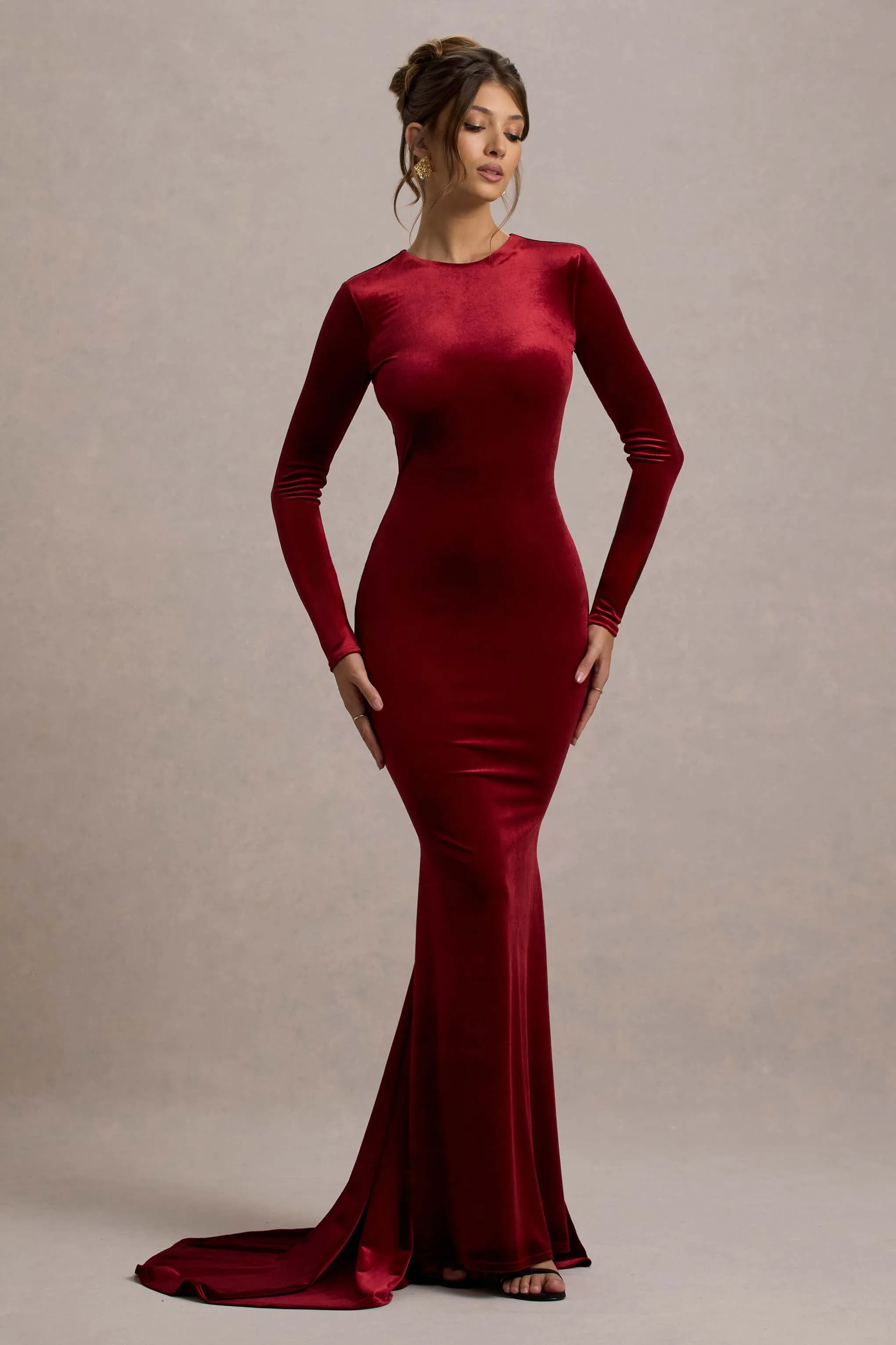 Keaton | Berry Velvet Long-Sleeve Open-Back Maxi Dress Club L London
