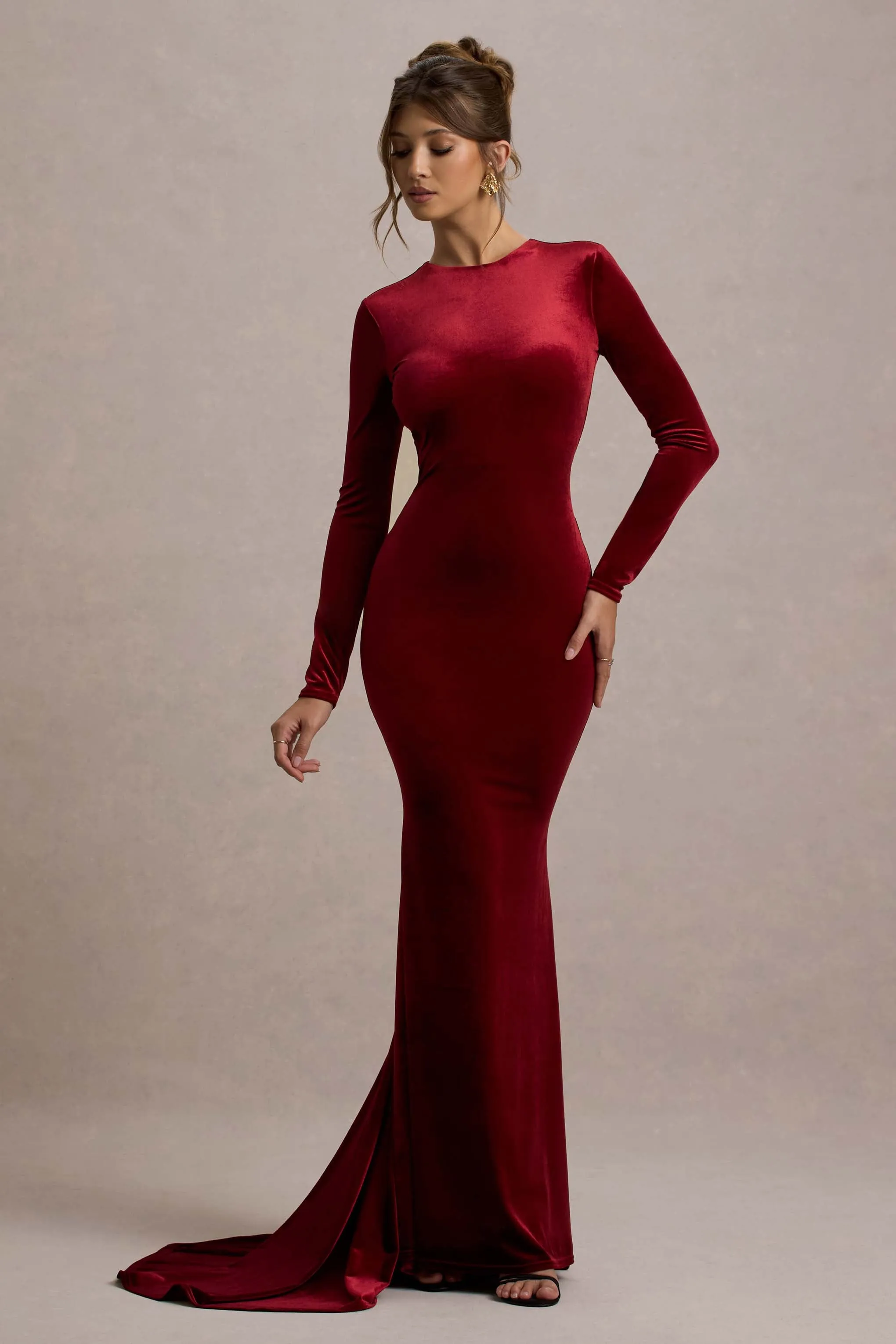 Keaton | Berry Velvet Long-Sleeve Open-Back Maxi Dress Club L London