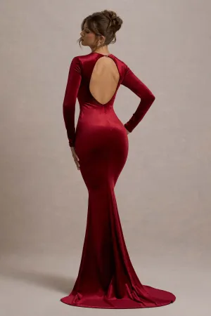 Keaton | Berry Velvet Long-Sleeve Open-Back Maxi Dress Club L London