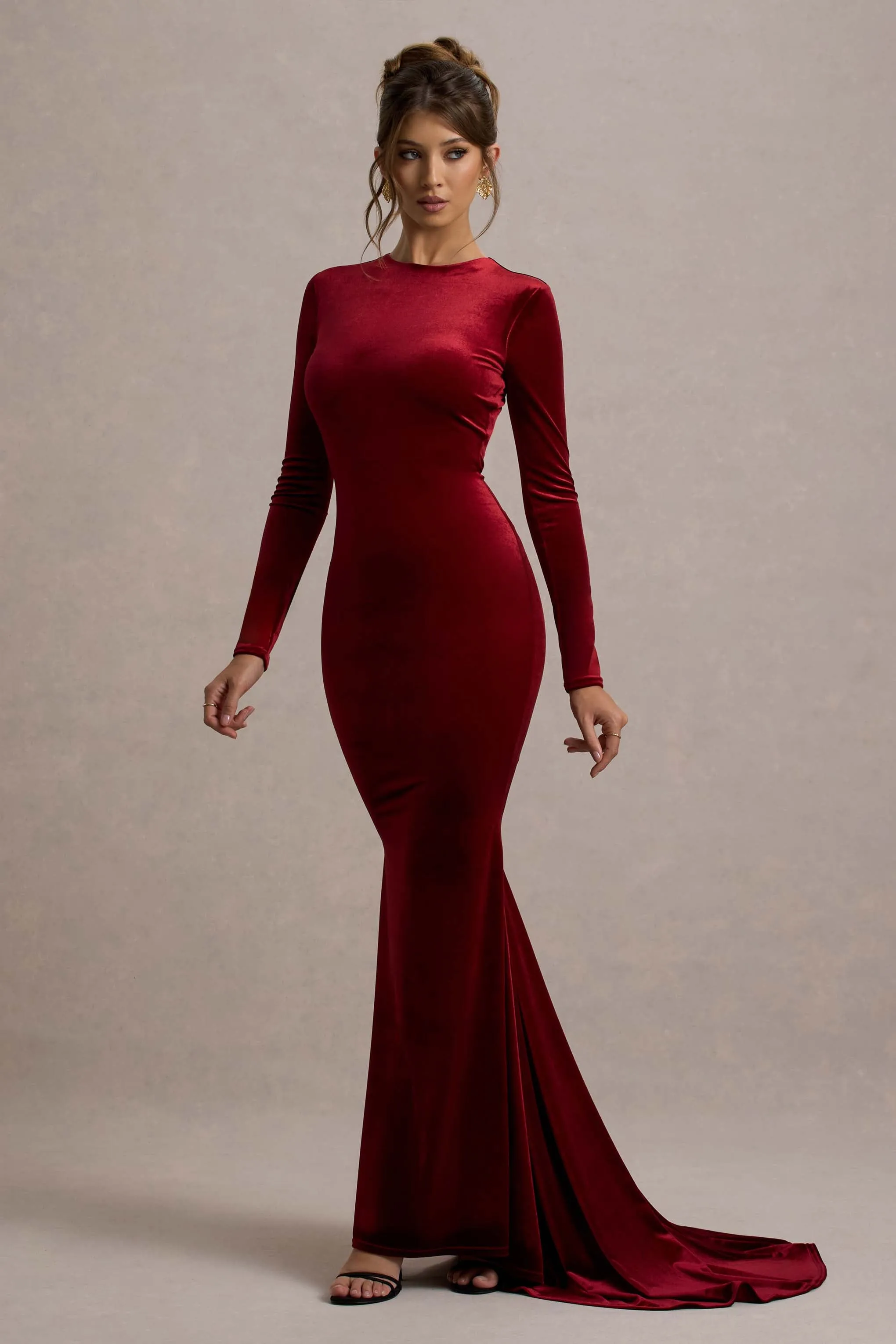 Keaton | Berry Velvet Long-Sleeve Open-Back Maxi Dress Club L London