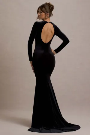 Keaton | Black Velvet Long-Sleeve Open-Back Maxi Dress Club L London