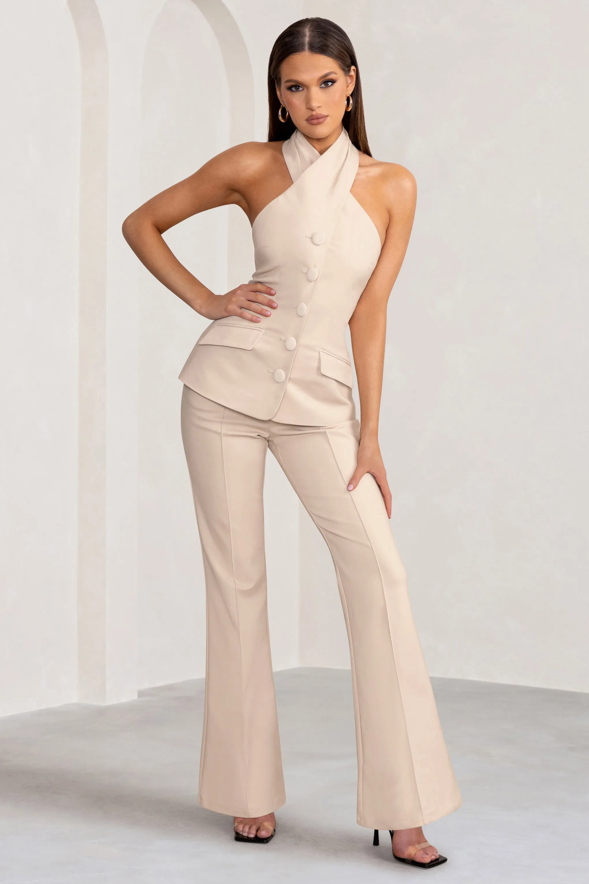 Kehlani | Stone High Waist Wide Leg Trousers Club L London