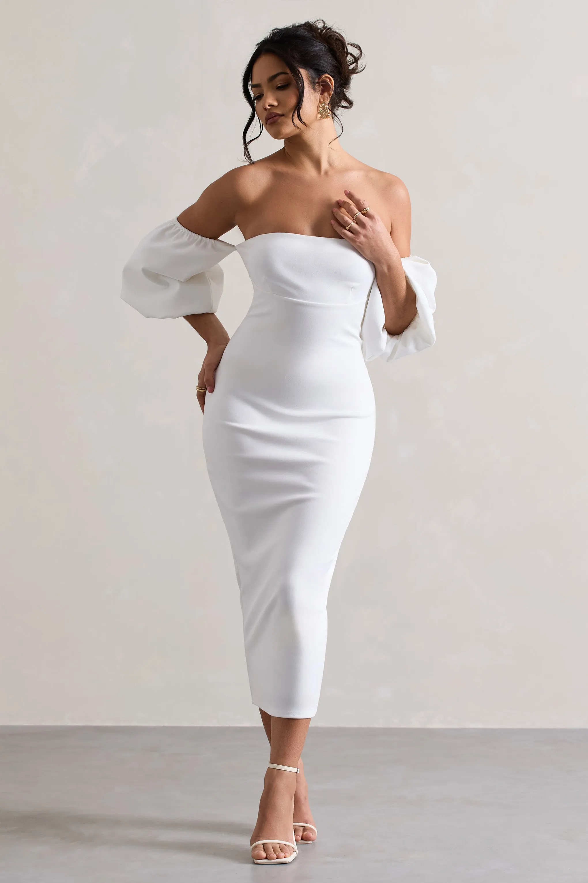 Keira | White Bardot Puff-Sleeve Midi Dress Club L London