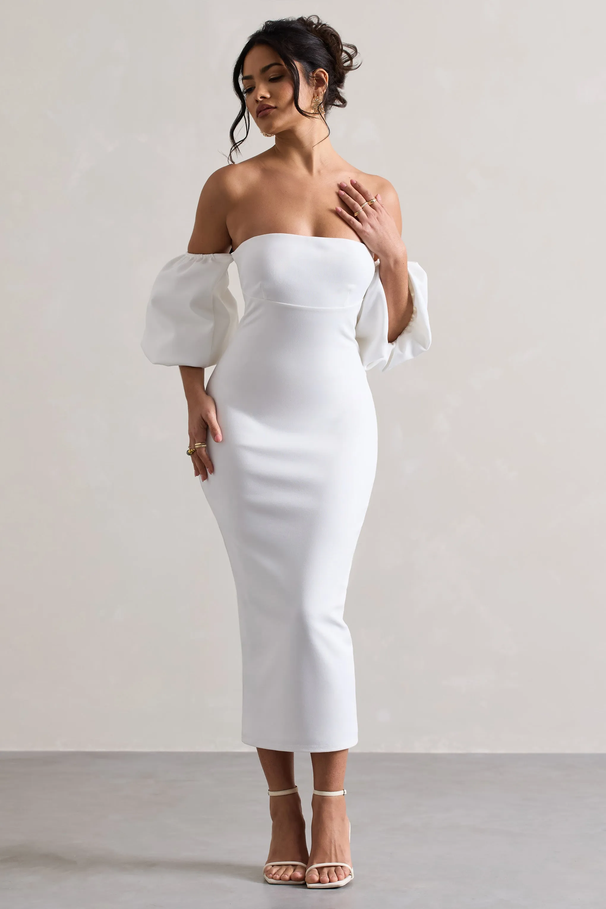 Keira | White Bardot Puff-Sleeve Midi Dress Club L London