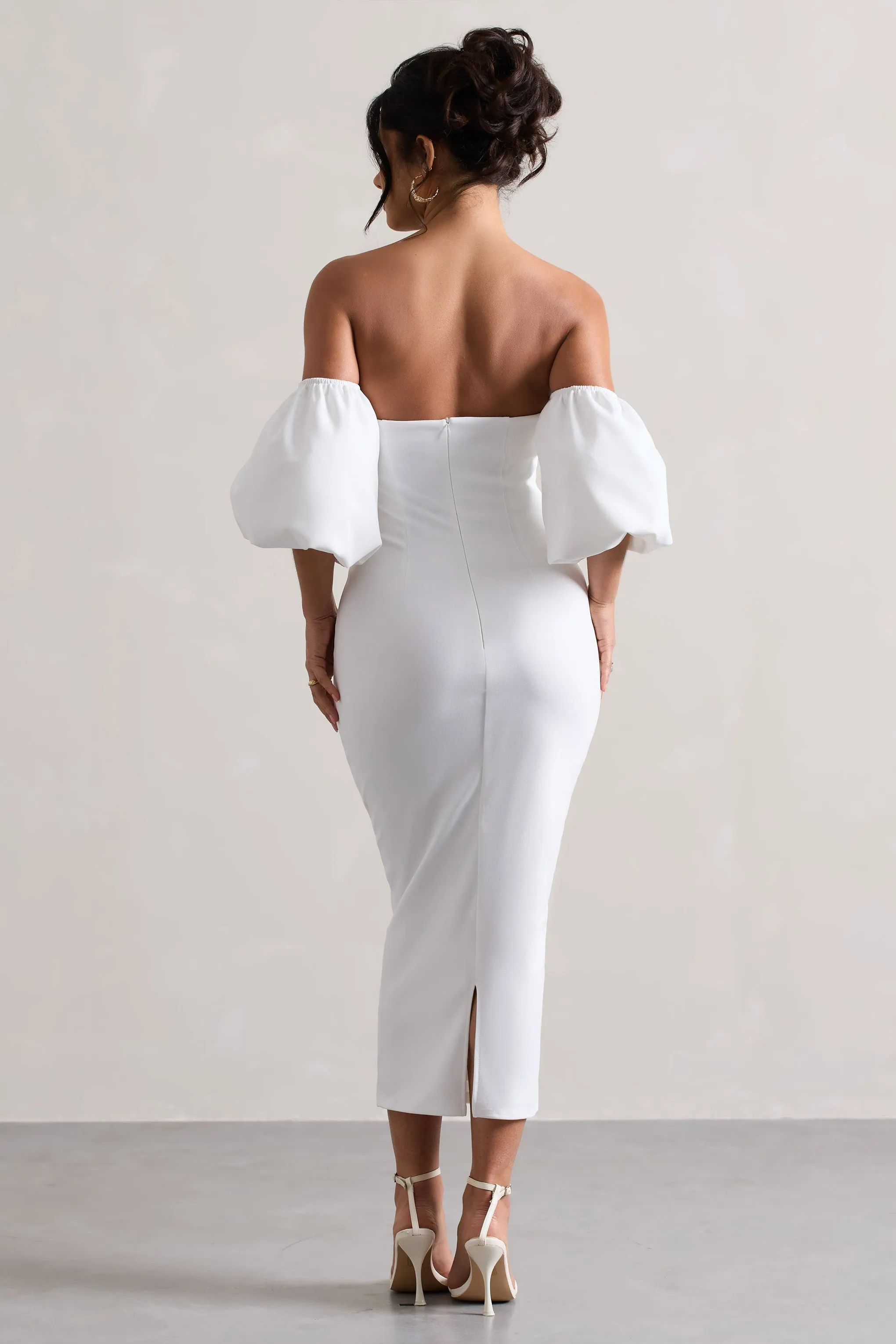Keira | White Bardot Puff-Sleeve Midi Dress Club L London