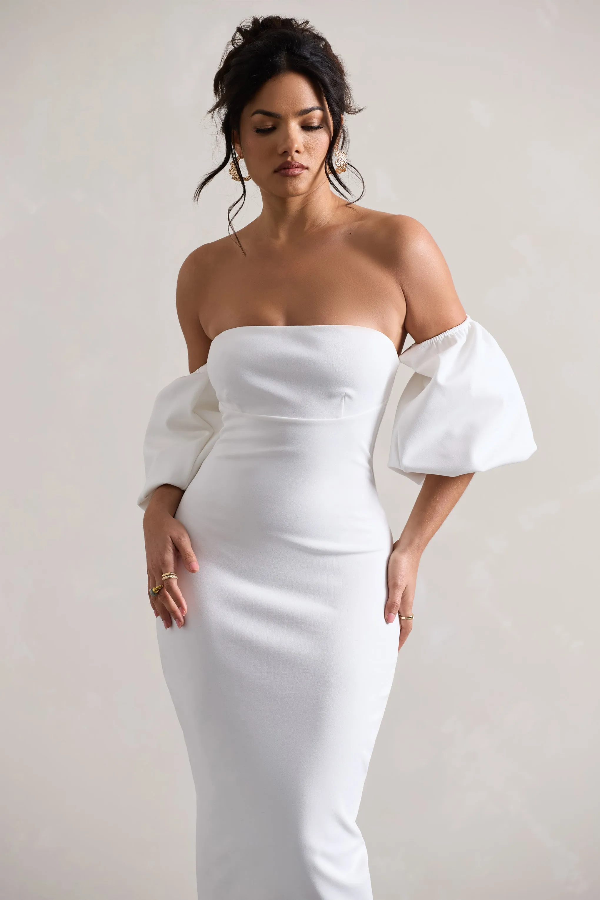 Keira | White Bardot Puff-Sleeve Midi Dress Club L London