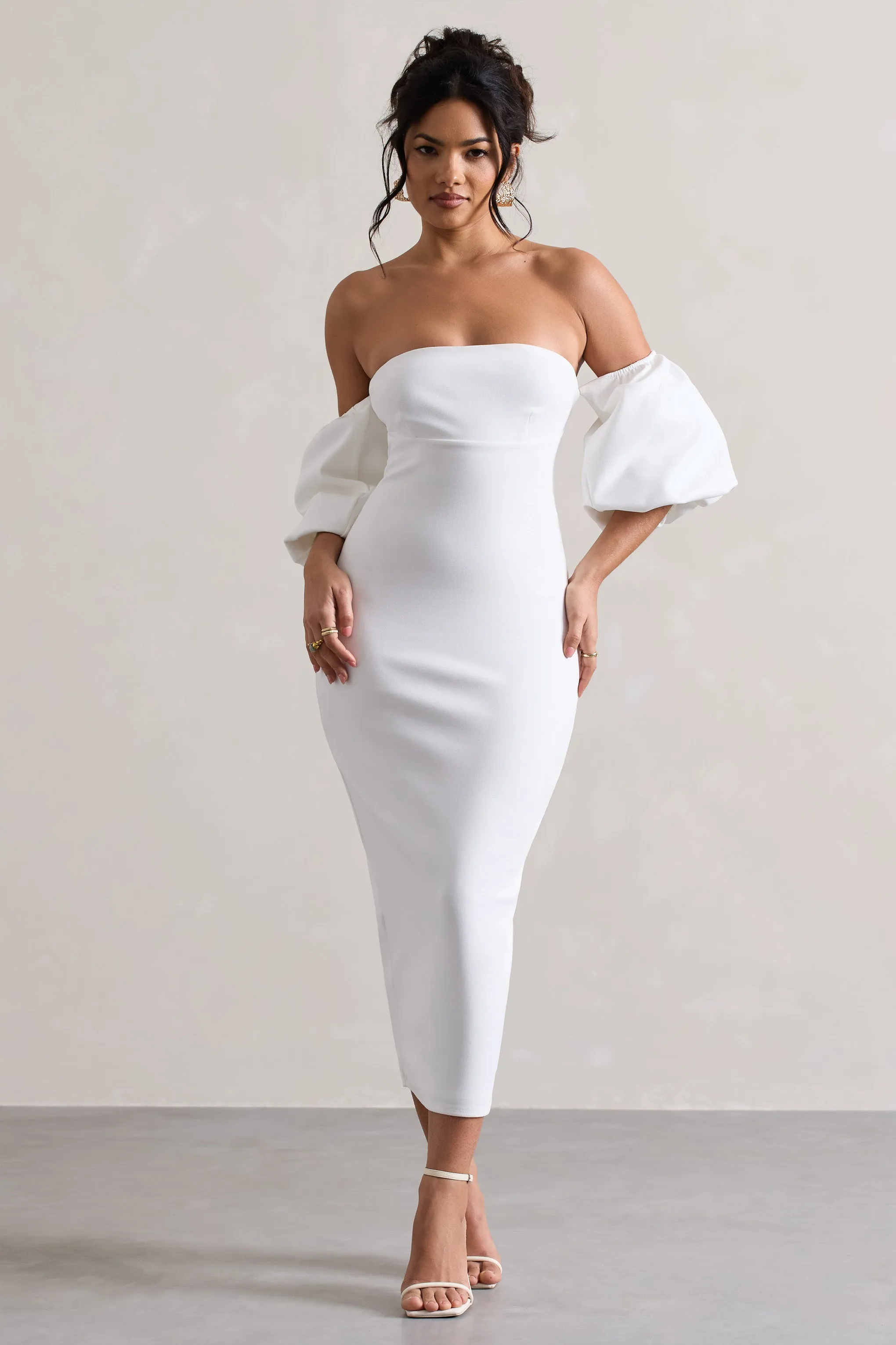 Keira | White Bardot Puff-Sleeve Midi Dress Club L London