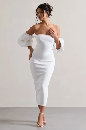 Keira | White Bardot Puff-Sleeve Midi Dress Club L London