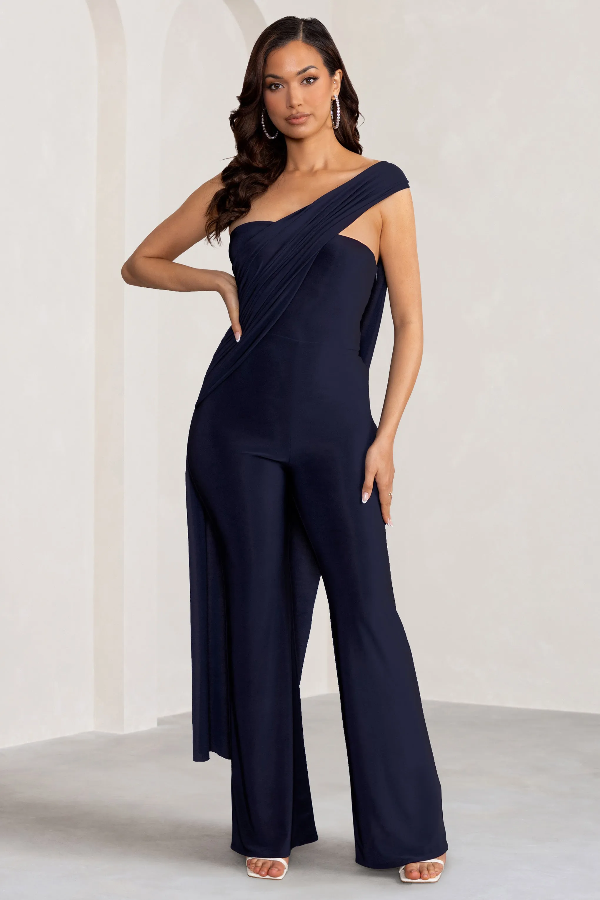 Kendra | Navy Asymmetric Bandeau Jumpsuit with Drape Club L London