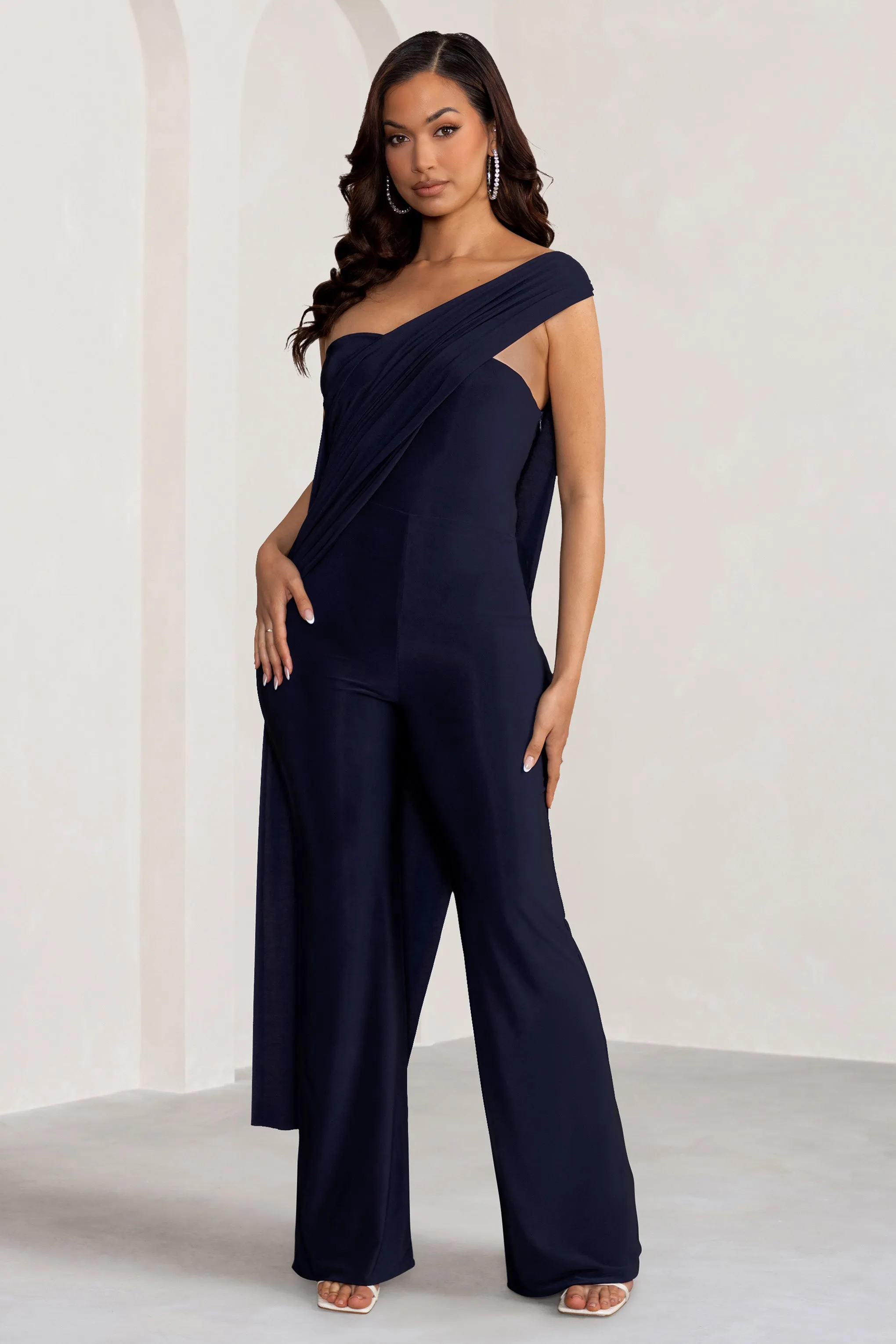 Kendra | Navy Asymmetric Bandeau Jumpsuit with Drape Club L London