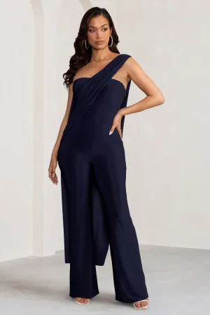 Kendra | Navy Asymmetric Bandeau Jumpsuit with Drape Club L London