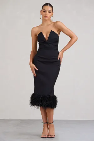 Kensington | Black Bodycon Midi Dress With Statement Feather Trim Club L London