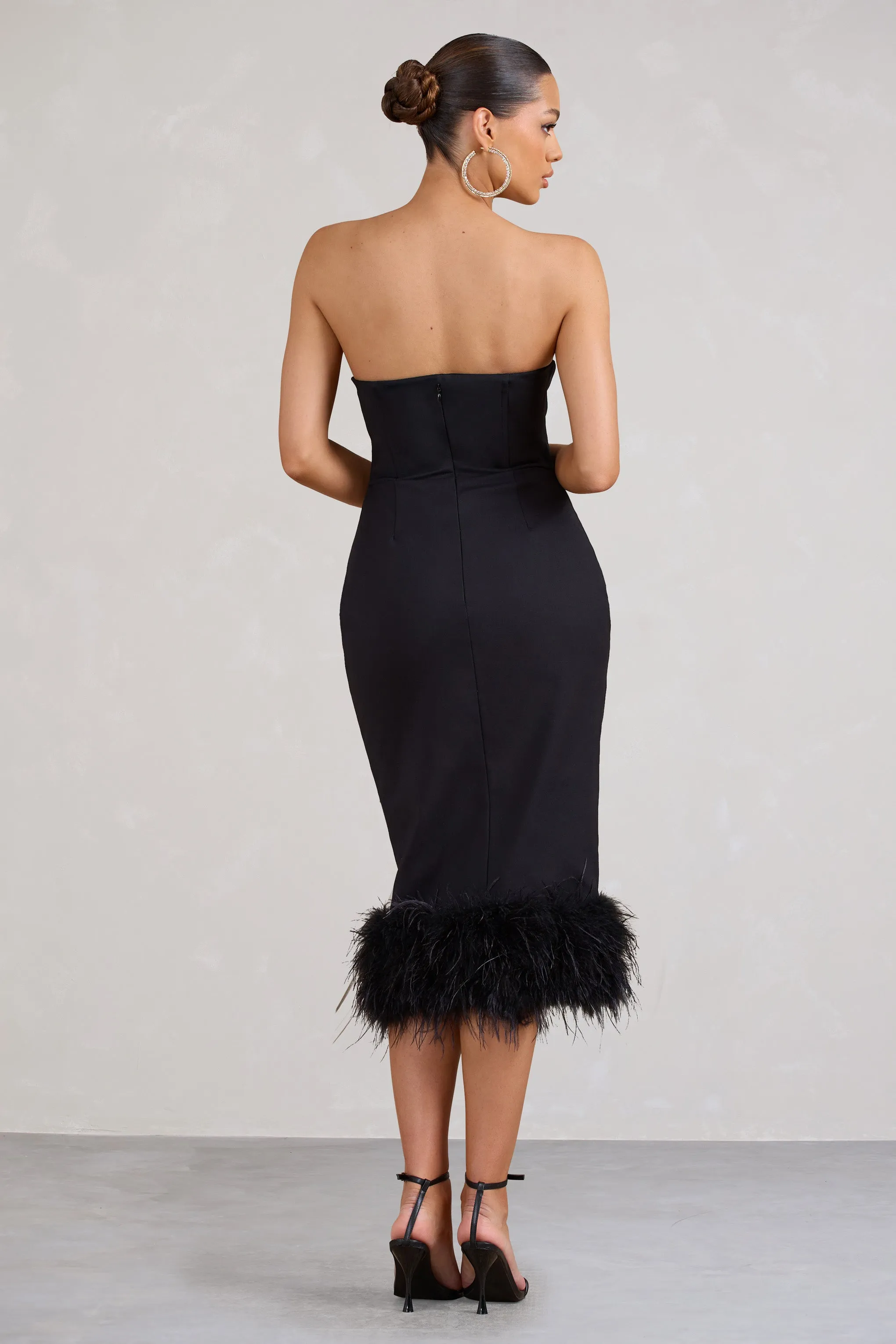 Kensington | Black Bodycon Midi Dress With Statement Feather Trim Club L London
