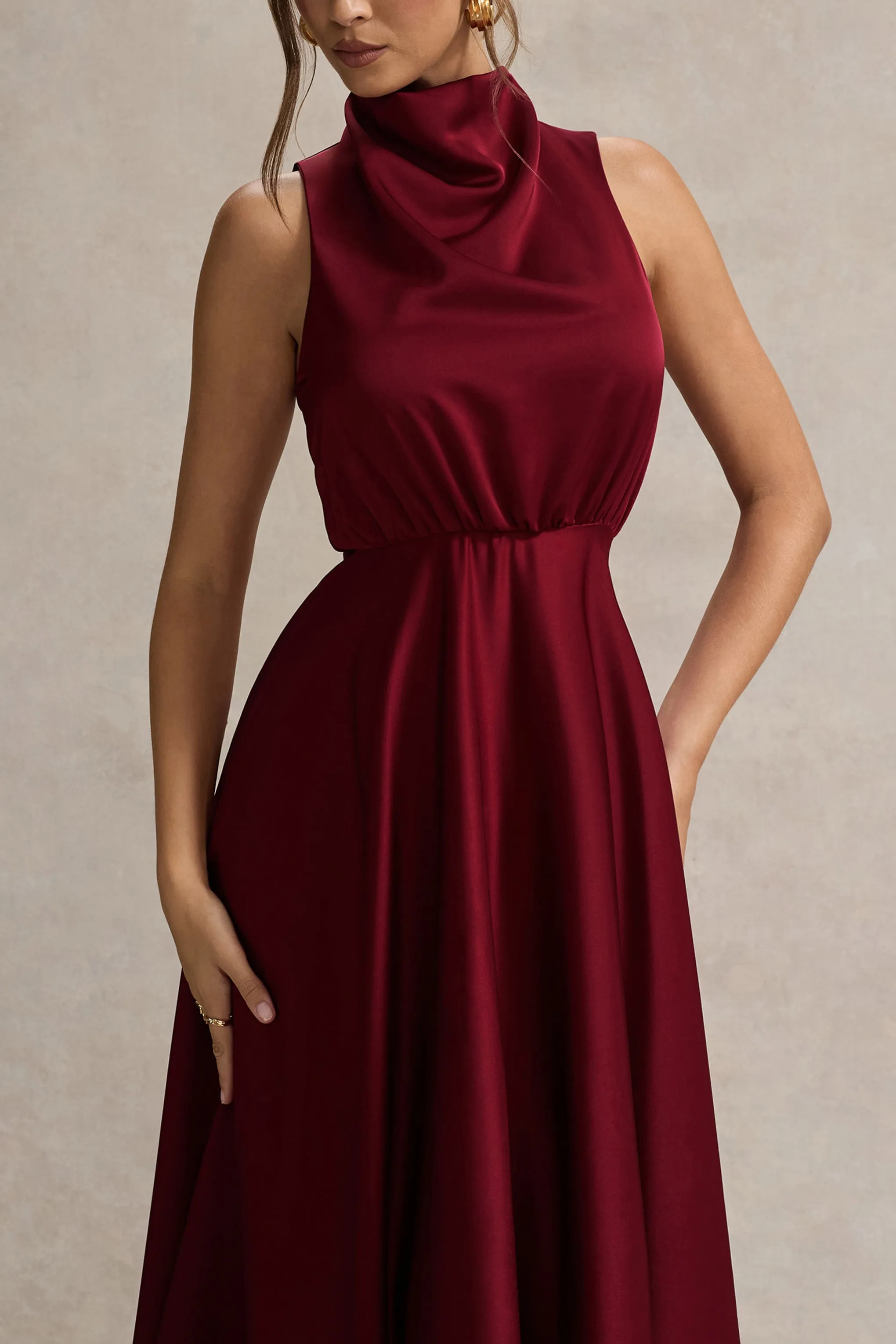 Kerri | Berry Satin Cowl-Neck Maxi Dress Club L London