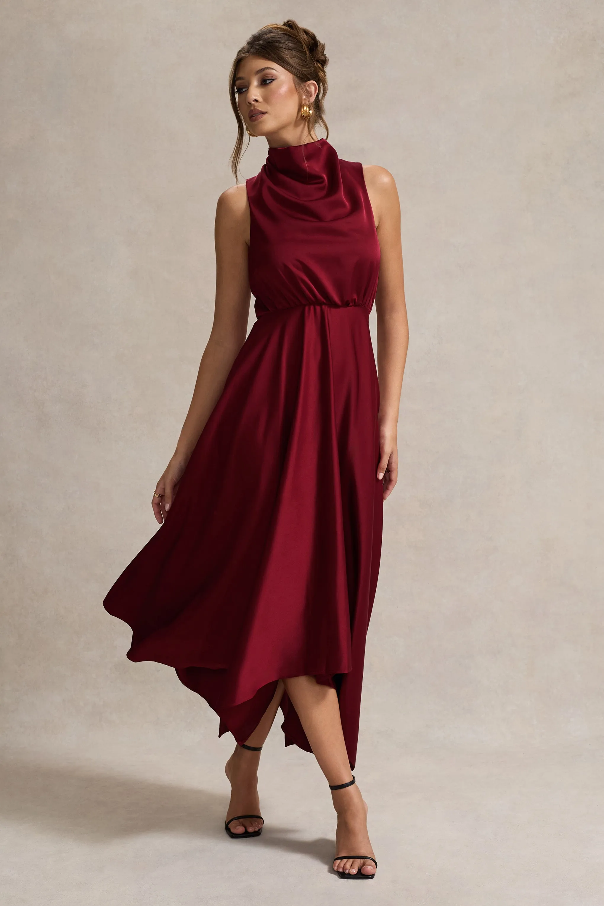 Kerri | Berry Satin Cowl-Neck Maxi Dress Club L London