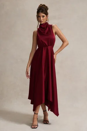 Kerri | Berry Satin Cowl-Neck Maxi Dress Club L London