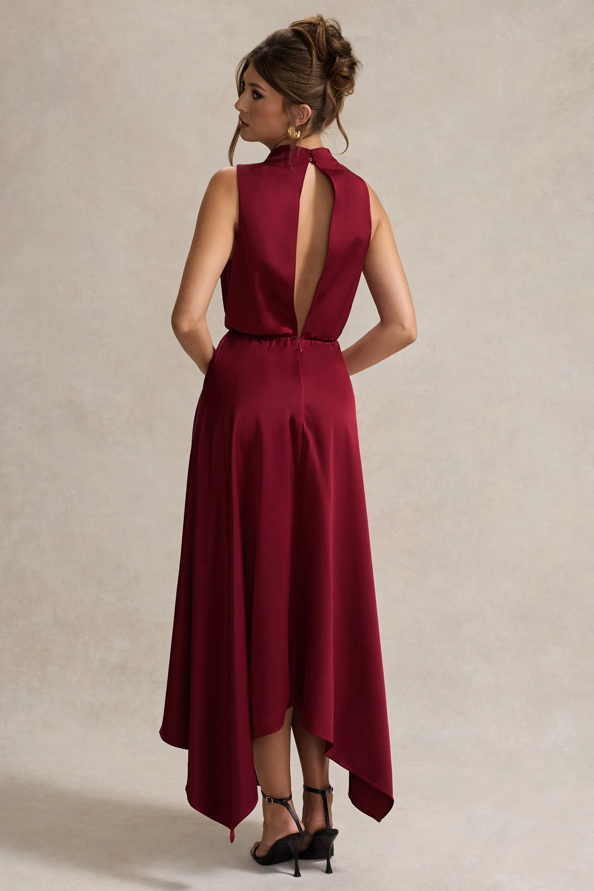 Kerri | Berry Satin Cowl-Neck Maxi Dress Club L London