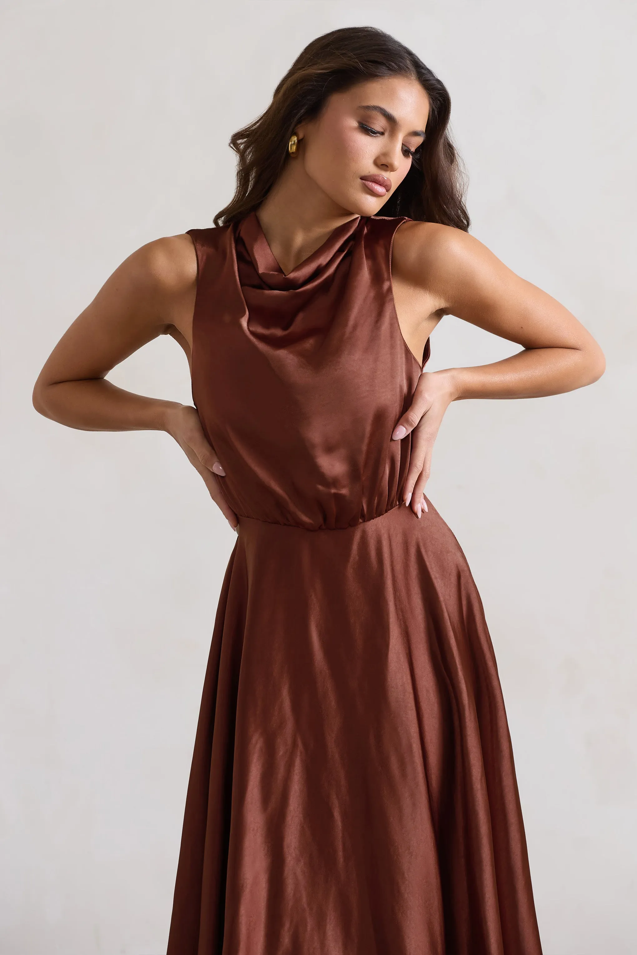 Kerri | Chocolate Brown Satin Cowl-Neck Maxi Dress Club L London