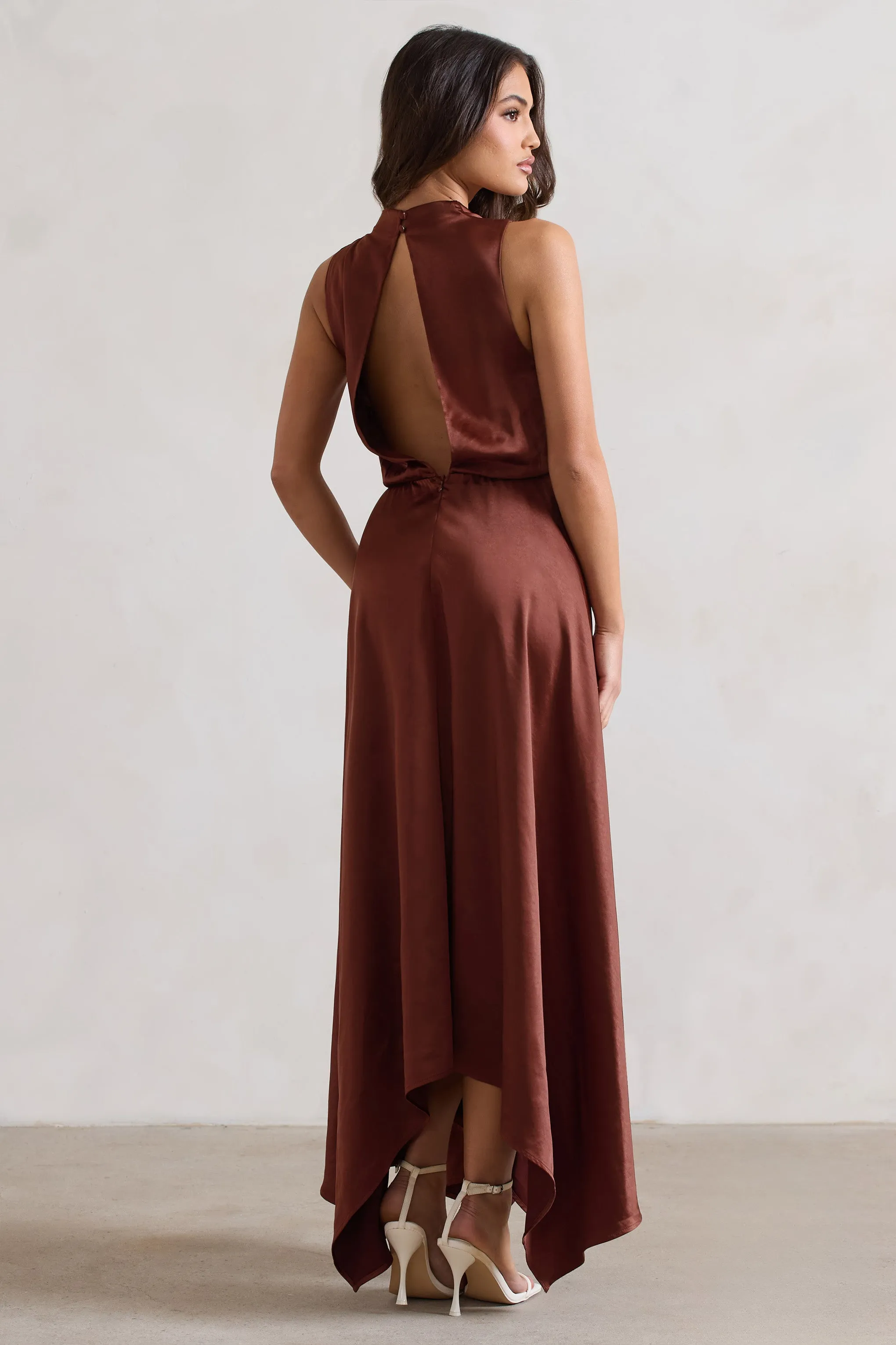 Kerri | Chocolate Brown Satin Cowl-Neck Maxi Dress Club L London