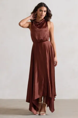 Kerri | Chocolate Brown Satin Cowl-Neck Maxi Dress Club L London