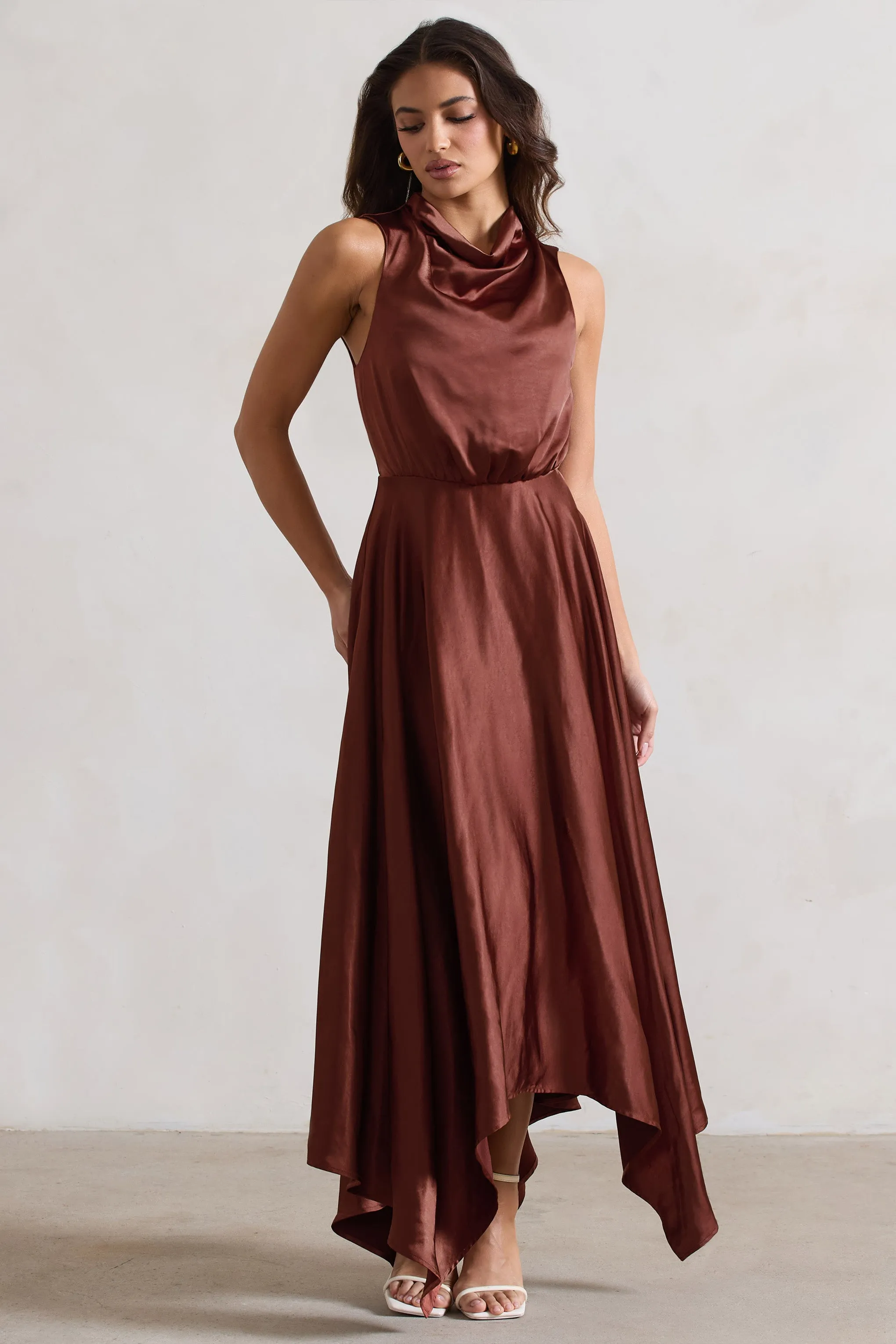 Kerri | Chocolate Brown Satin Cowl-Neck Maxi Dress Club L London